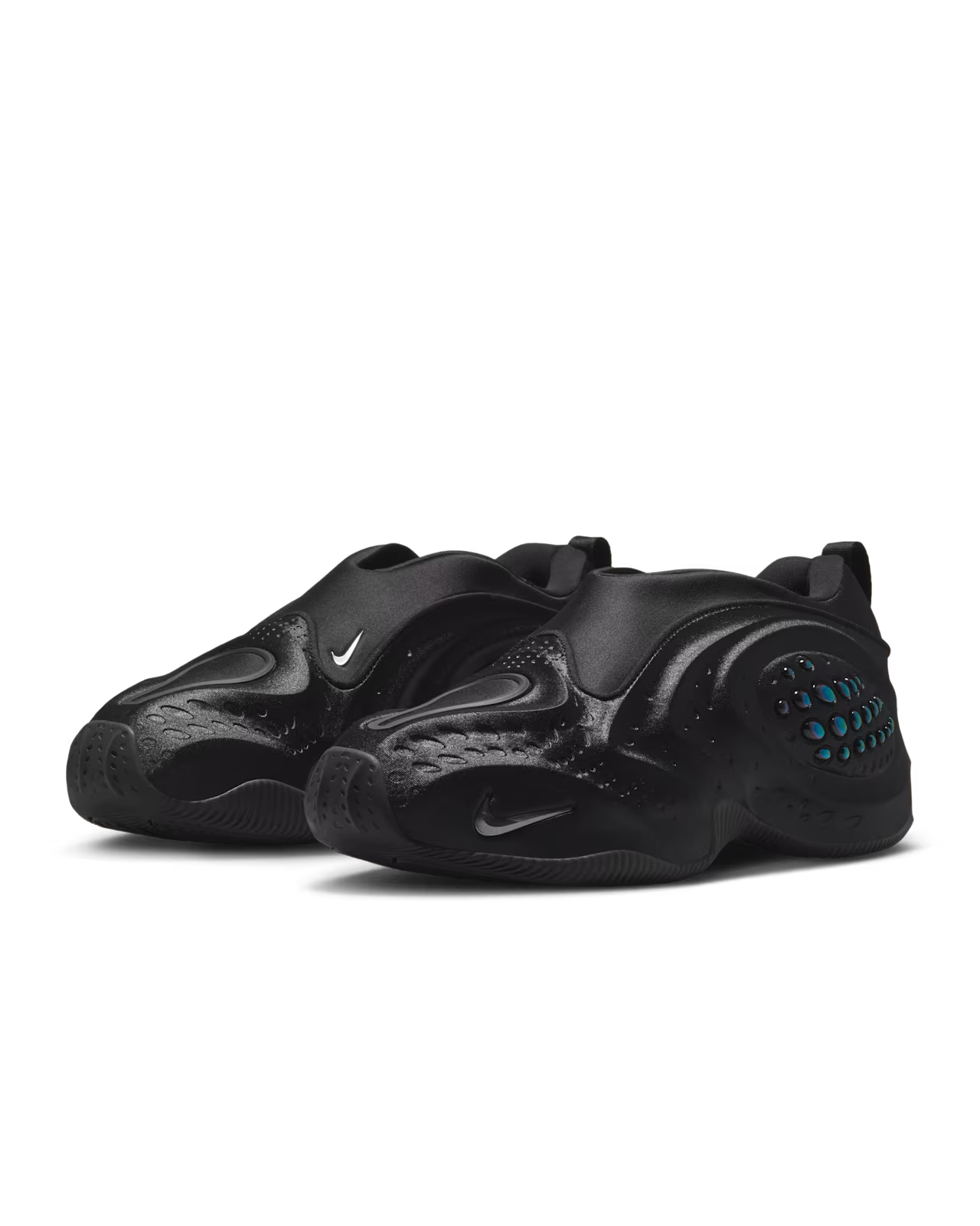 A pair of black Machina Wearable Technology First Sight Shadow Low sneakers in Black and Metallic Dark Grey, featuring a futuristic design with subtle white accents and blue details on the heel, set against a white background—perfect women’s lifestyle footwear that adds a sleek, modern edge to any outfit.