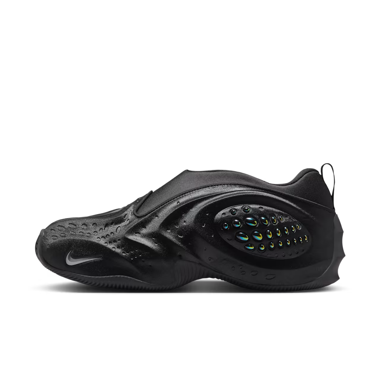 A black Machina Wearable Technology First Sight Shadow Low sneaker in Black and Metallic Dark Grey, featuring a futuristic, wavy design with glossy, iridescent oval accents on the side. This women’s lifestyle footwear option boasts a sleek upper with textured details, metallic dark grey embellishments inspired by classic sneakers, and a small white Machina logo near the toe.