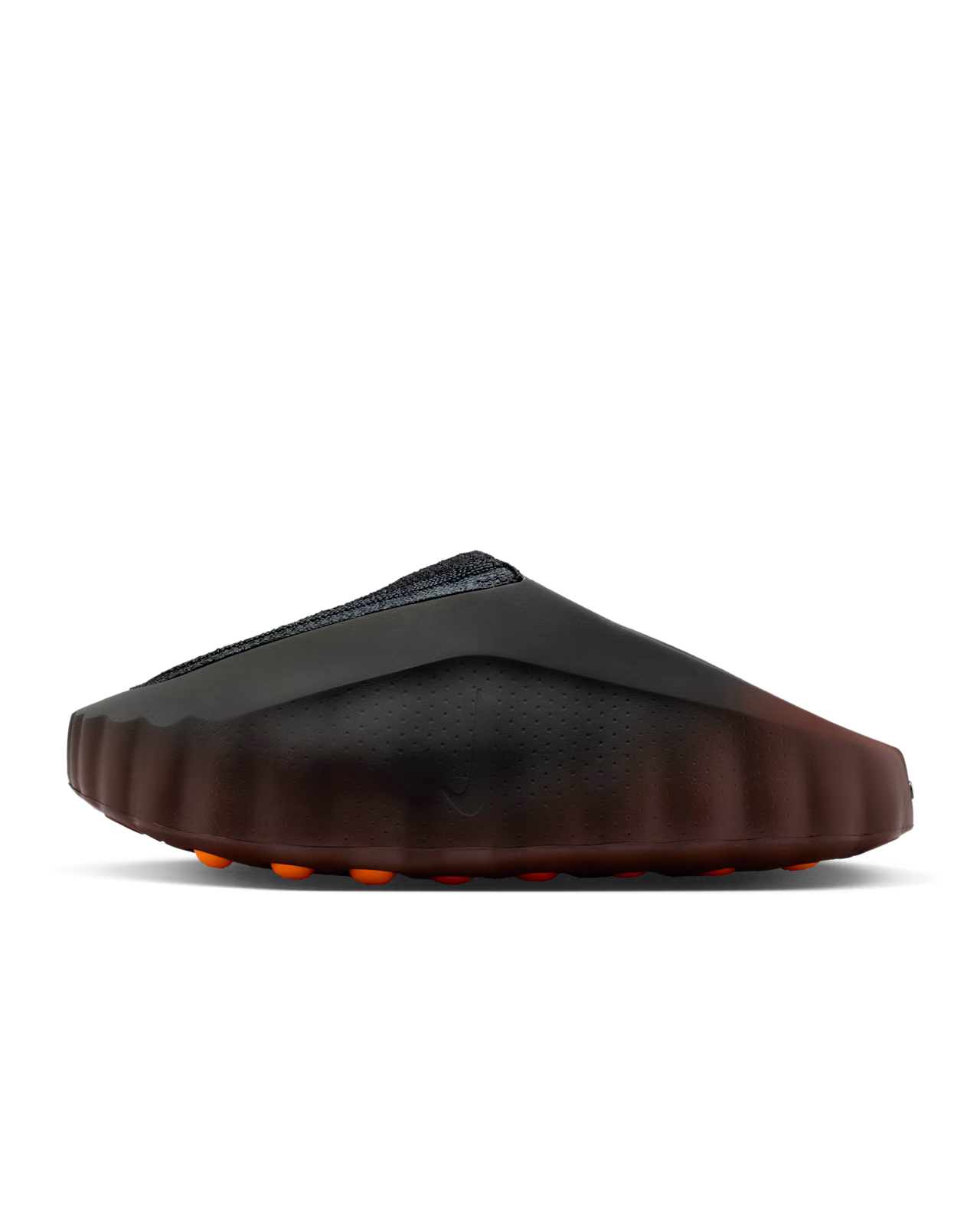 The Machina Wearable Technology Mind 001 Flyknit Bronze Eclipse is a black and brown slip-on shoe featuring a textured wavy sole with orange grip accents, shown from the side on a plain white background.