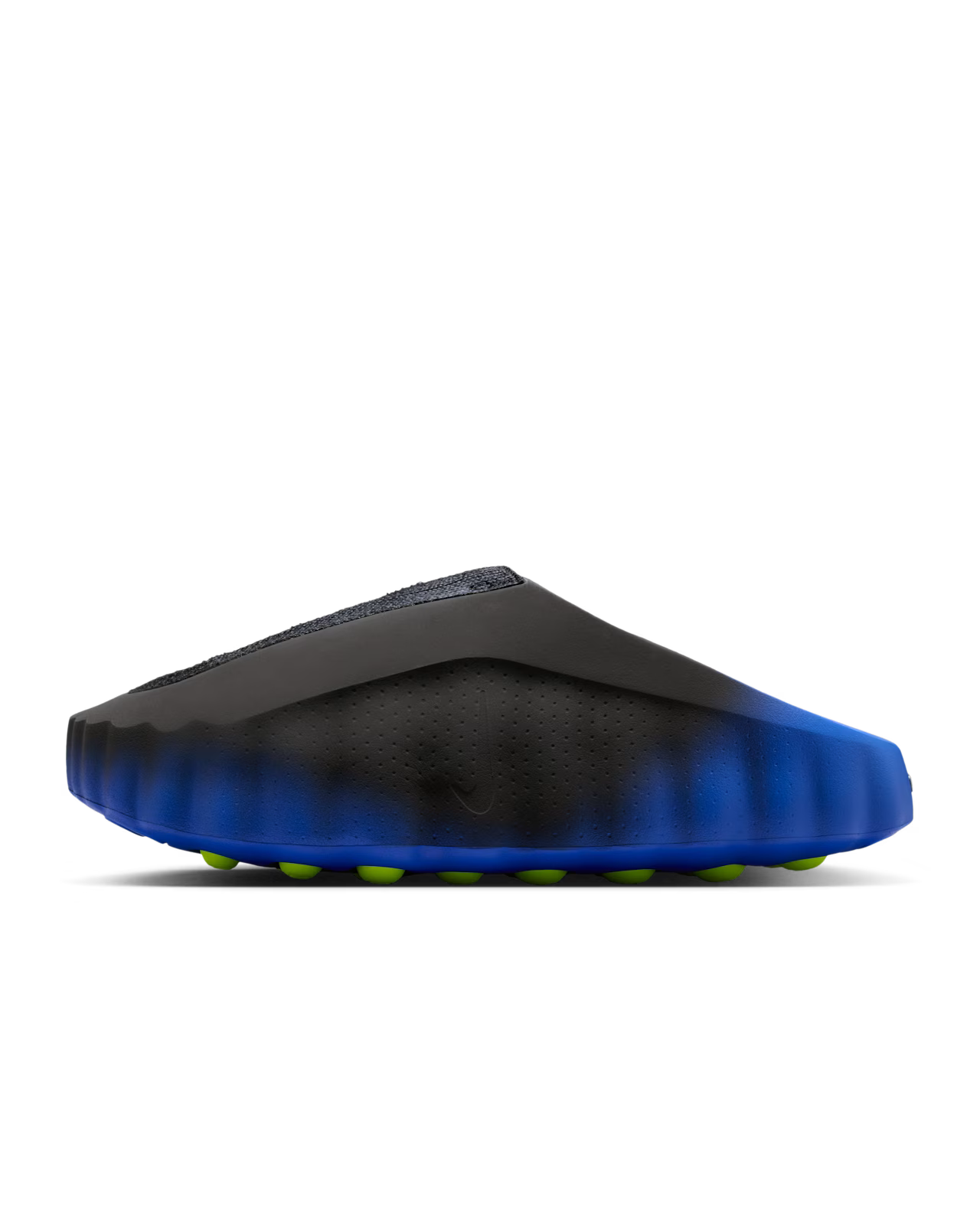 The Mind 001 Flyknit Hyper Royal by Machina Wearable Technology is a sleek slip-on with a black upper, perforated details, and a gradient blue sole accented in lime green, shown on a white background.