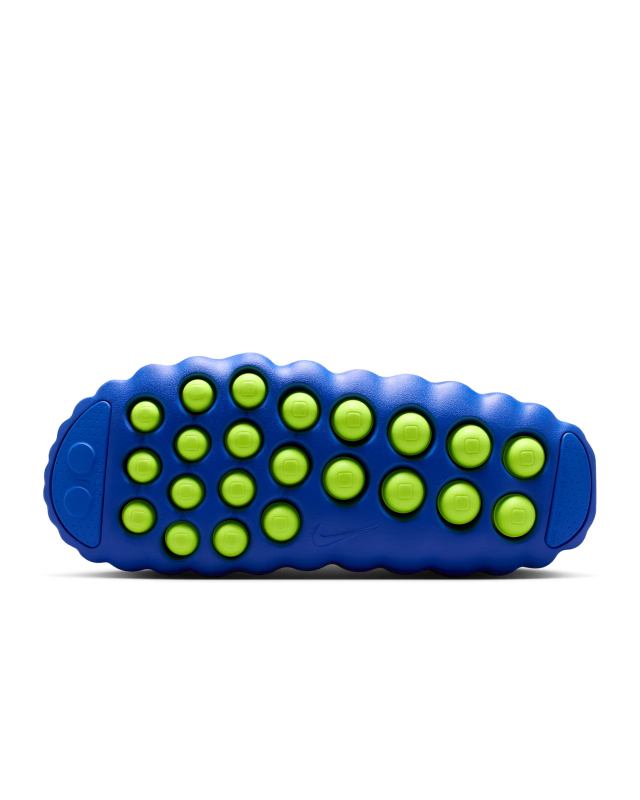 The Mind 001 Flyknit Hyper Royal by Machina Wearable Technology features a blue wavy-textured sole with multiple green circular sensory nodes arranged in rows, displayed against a white background.