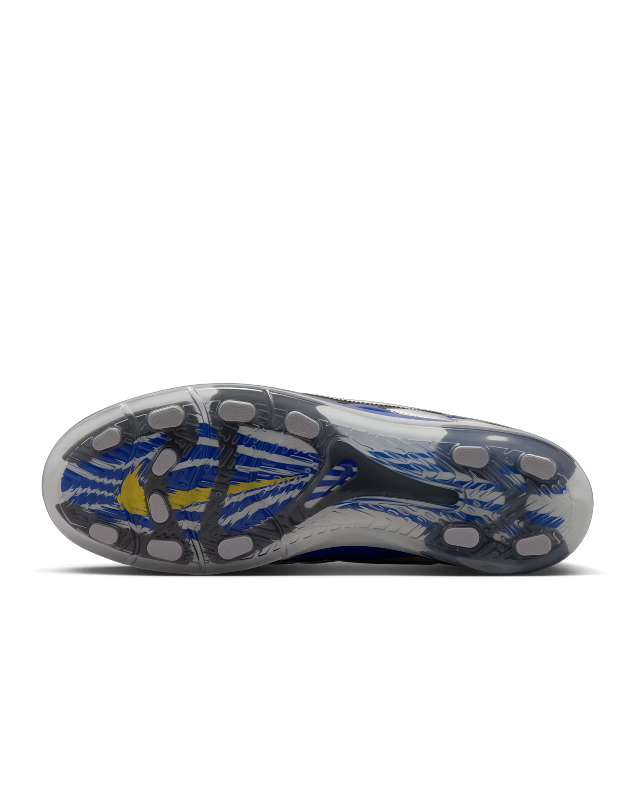 Sole view of the Cryoshot Mercurial Vapor R9 OG / PACOTE soccer cleat by Machina Wearable Technology, featuring dynamic blue, yellow, and black patterns with a translucent material and twelve gray traction studs—an online exclusive inspired by the spirit of the MACHINA BRAZIL JERSEY.