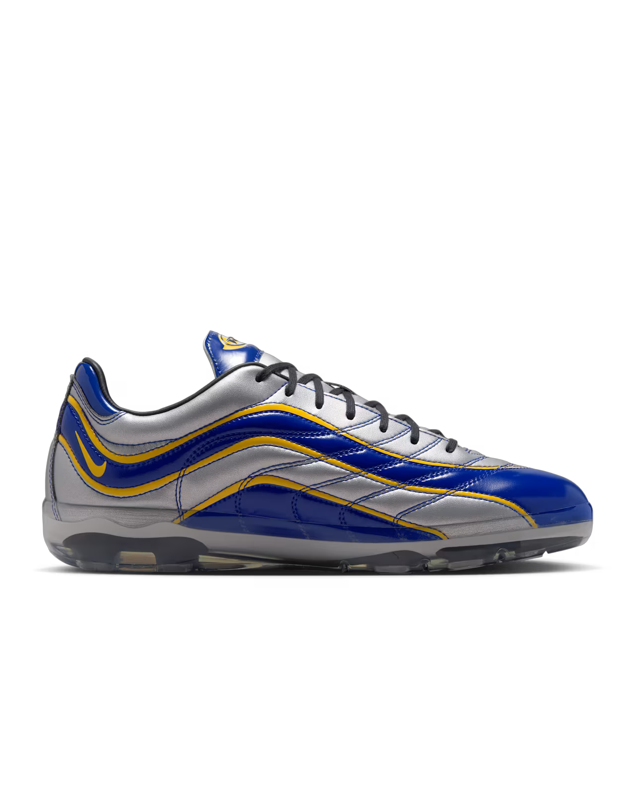 A sleek side view of the Cryoshot Mercurial Vapor R9 OG / PACOTE by Machina Wearable Technology showcases its silver and blue athletic design, enhanced with yellow accents and black laces against a white background—an online exclusive inspired by the CRYOSHOT R9 collection.