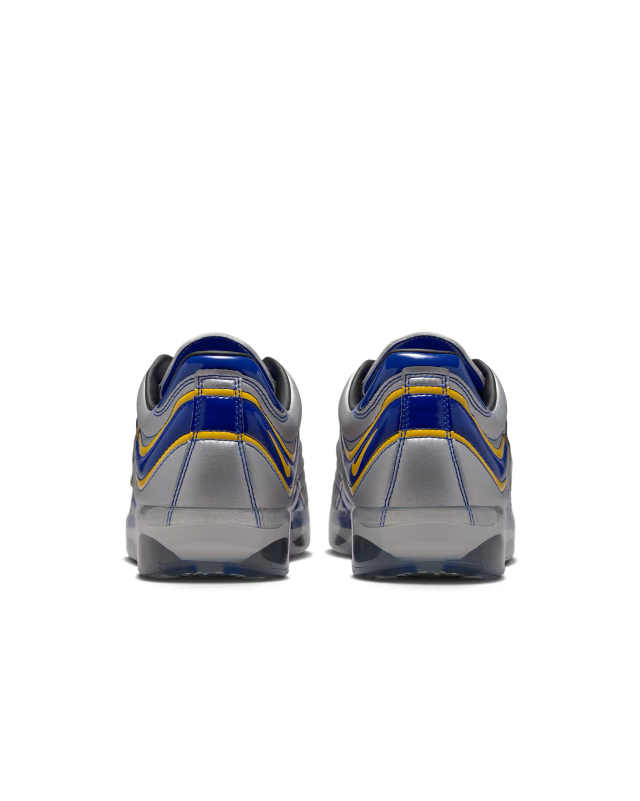 A pair of Cryoshot Mercurial Vapor R9 OG / PACOTE sneakers by Machina Wearable Technology in gray, blue, and yellow—viewed from the back to highlight the heel details and clear rubber soles—an online exclusive design.