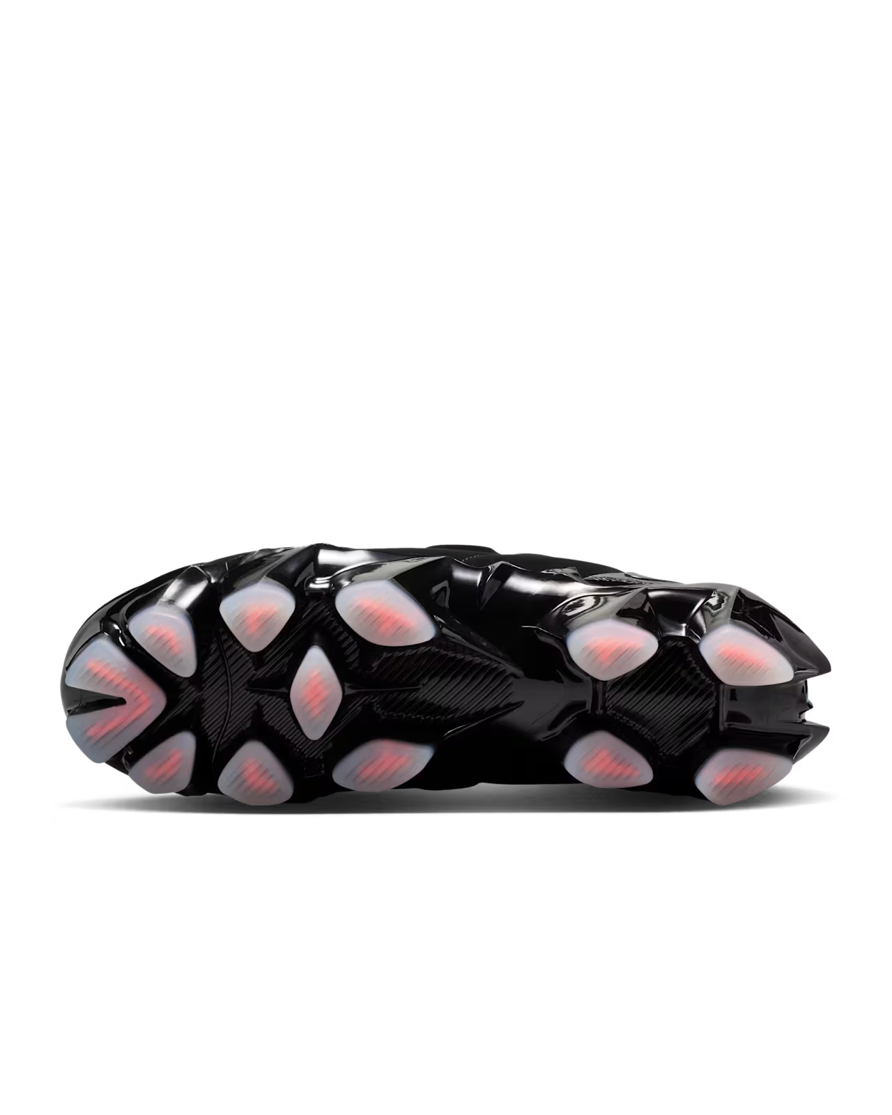 Bottom view of the Machina Wearable Technology Nike First Sight Mirage Black and Flash Crimson sneaker, featuring a cleat-inspired platform sole with angular rubber-like pods and bold flash crimson circular accents.