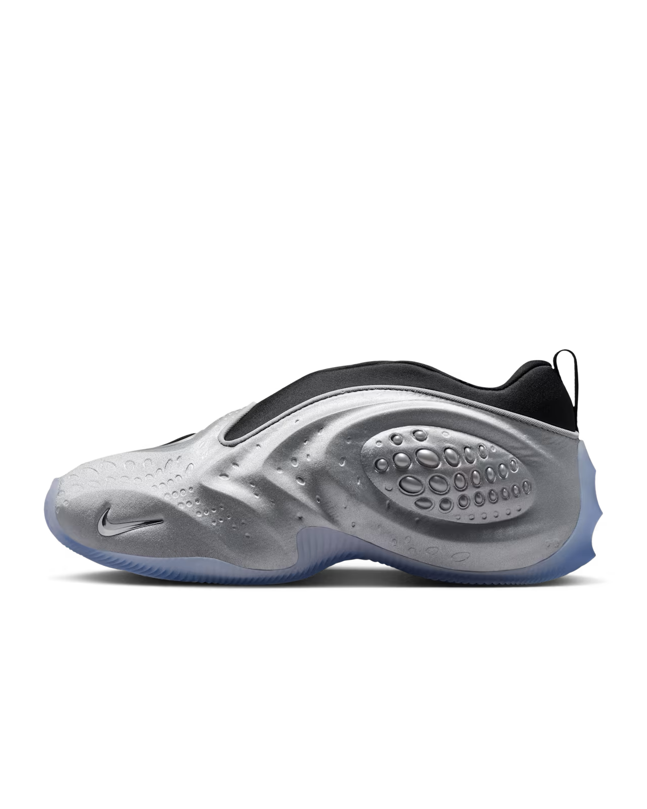 A side view of the Machina Wearable Technology First Sight Shadow Low / Metallic Silver and Black women’s lifestyle footwear showcases a modern sneaker with a textured silver and black upper, sculpted details, and a translucent light blue sole—perfect for those seeking stylish metallic silver sneakers.