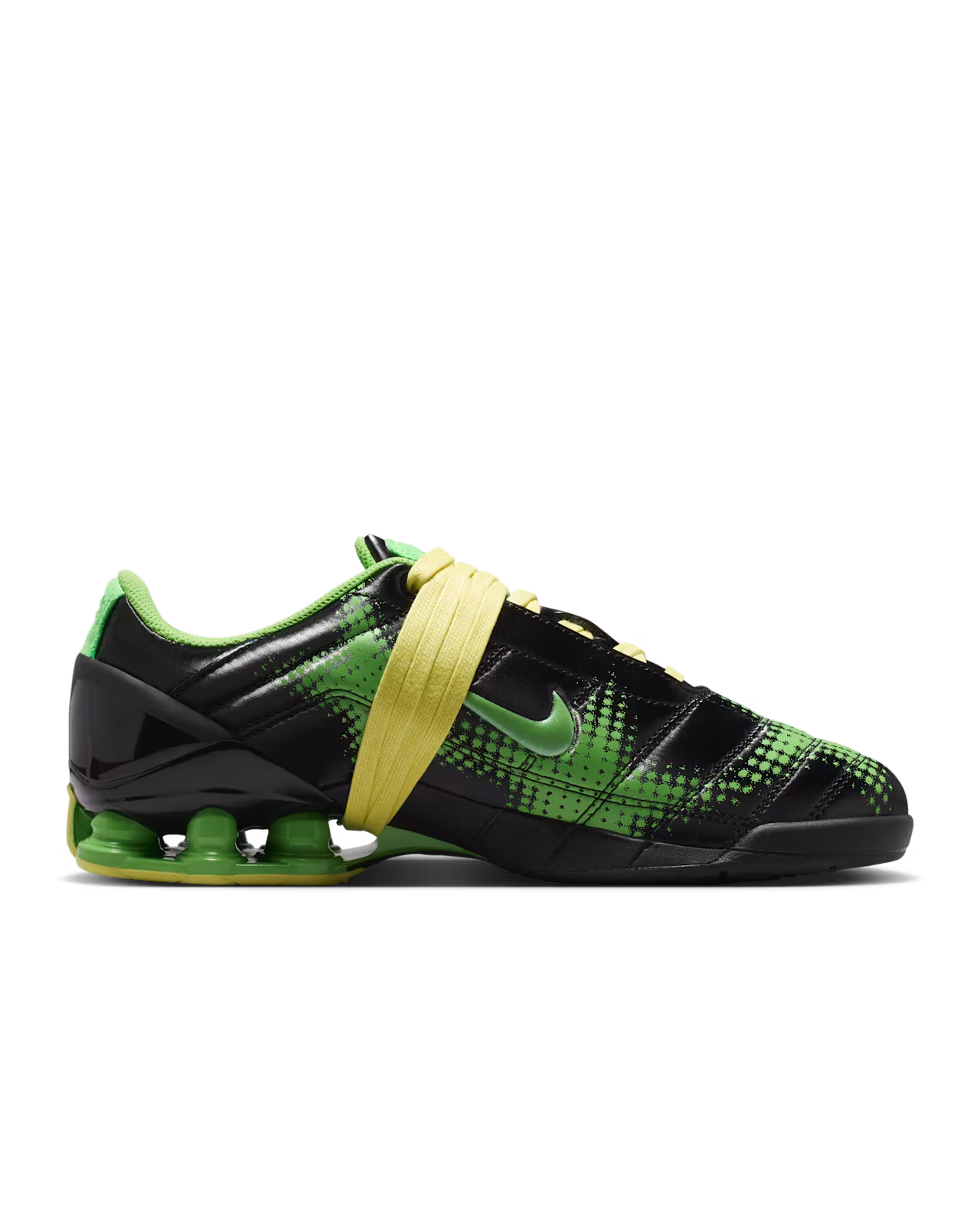 Machina Wearable Technology’s Total 90 Shox Magia Black and Yellow Diamond sneaker features a striking green and black design with lime green cushioning and yellow straps wrapped around the shoe. Inspired by the dynamic style of the original Nike Total 90 Shox Magia line, this shoe boasts a futuristic aesthetic highlighted by its visible spring sole and dotted side pattern reminiscent of classic Black and Yellow Diamond football shoes.