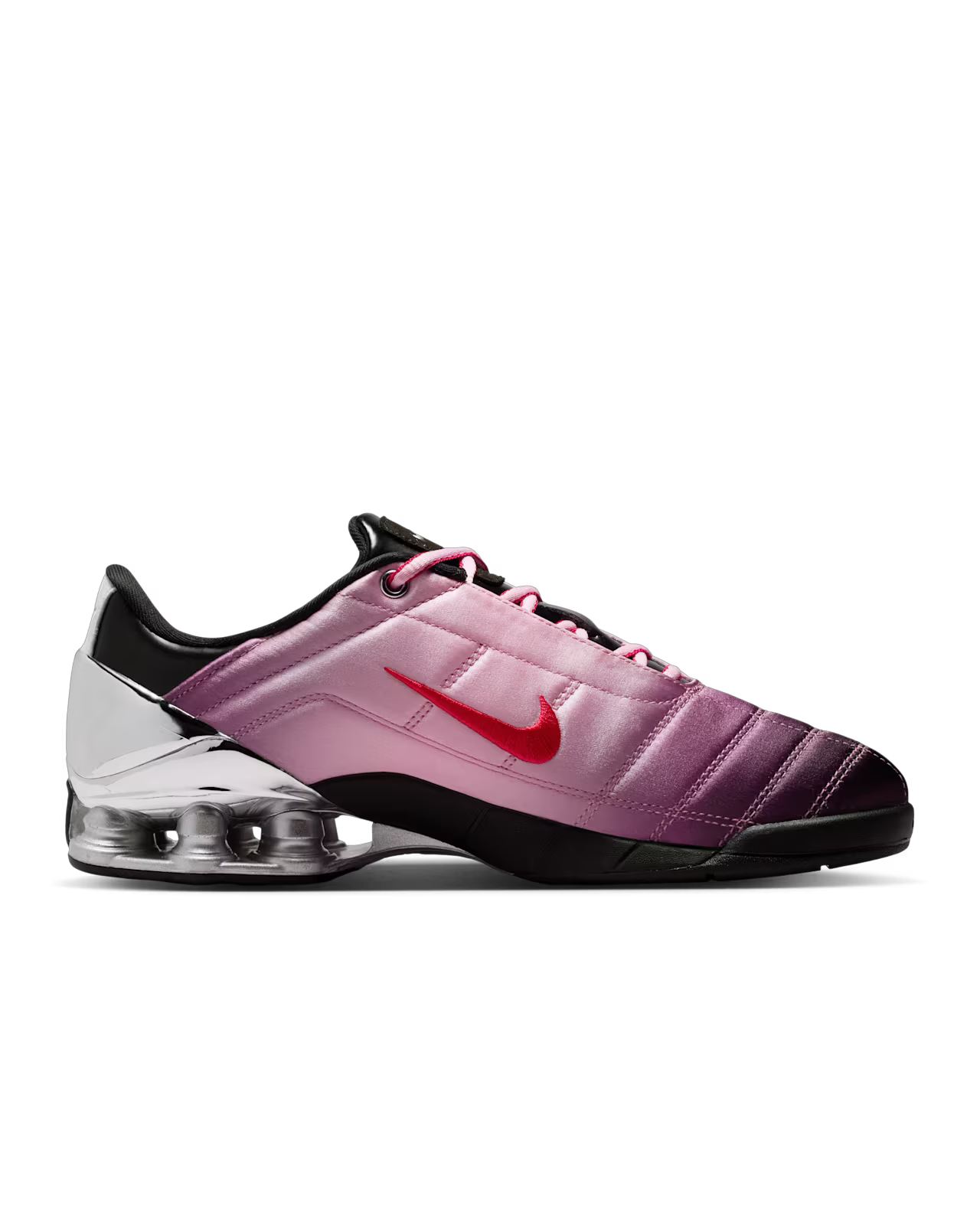 The Total 90 Shox Magia x Forget me nots by Machina Wearable Technology features a gradient pink and purple satin upper, floral details, red swoosh, black accents, and a shiny silver heel with visible Shox columns.