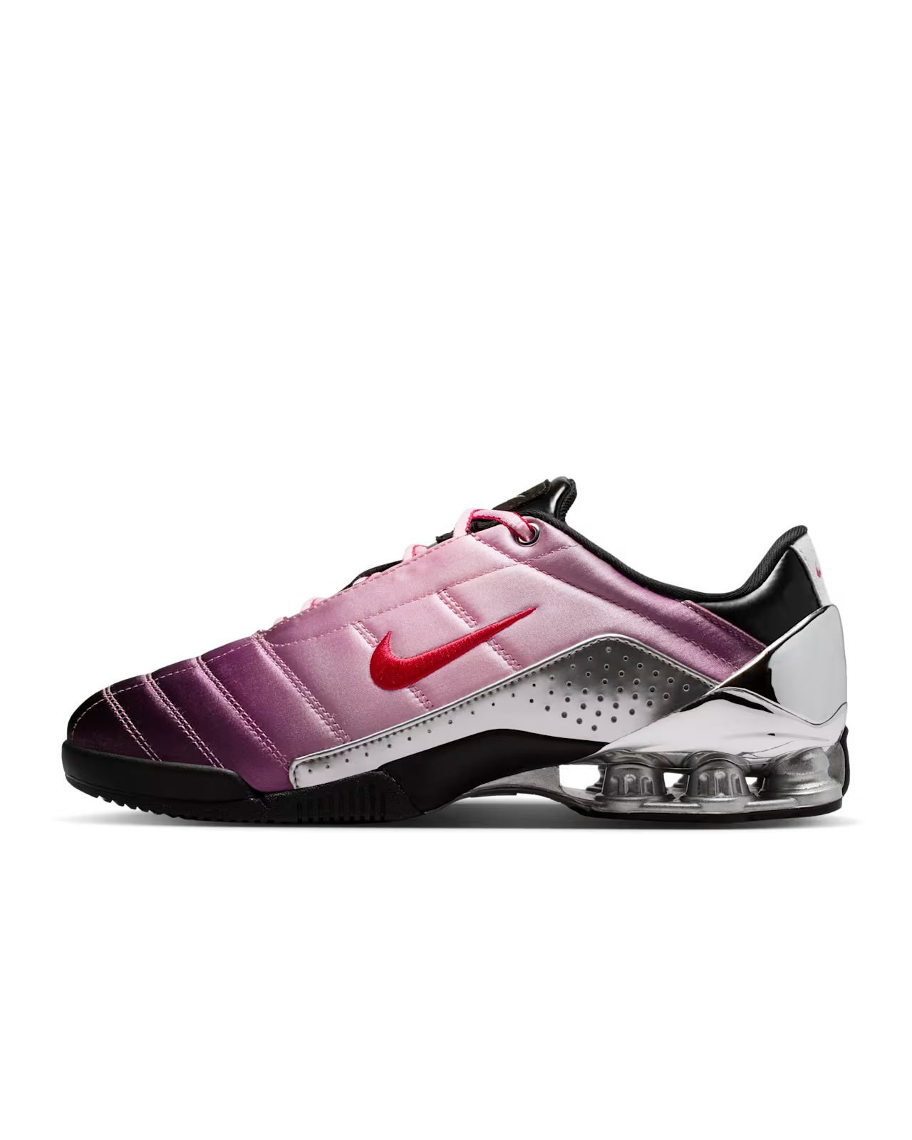 The Total 90 Shox Magia x Forget me nots by Machina Wearable Technology features gradient pink and purple tones, a metallic silver heel, red accents, floral details, black highlights, and visible Shox cushioning in the sole.