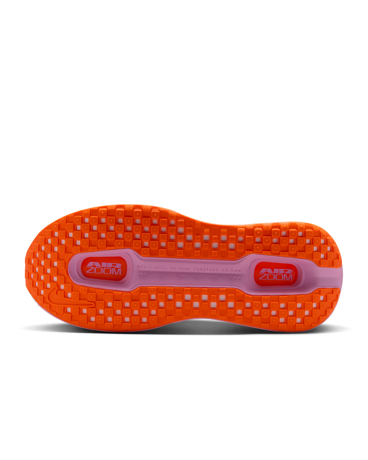 Bottom view of The Nike Vomero Premium “Otaku Approved” shoe sole by Machina Wearable Technology, featuring a grid-like tread pattern and visible Air Zoom branding in red and white at the heel and forefoot—showcasing design elements inspired by maximum-cushion running shoes with advanced ZoomX platform technology for responsive comfort.