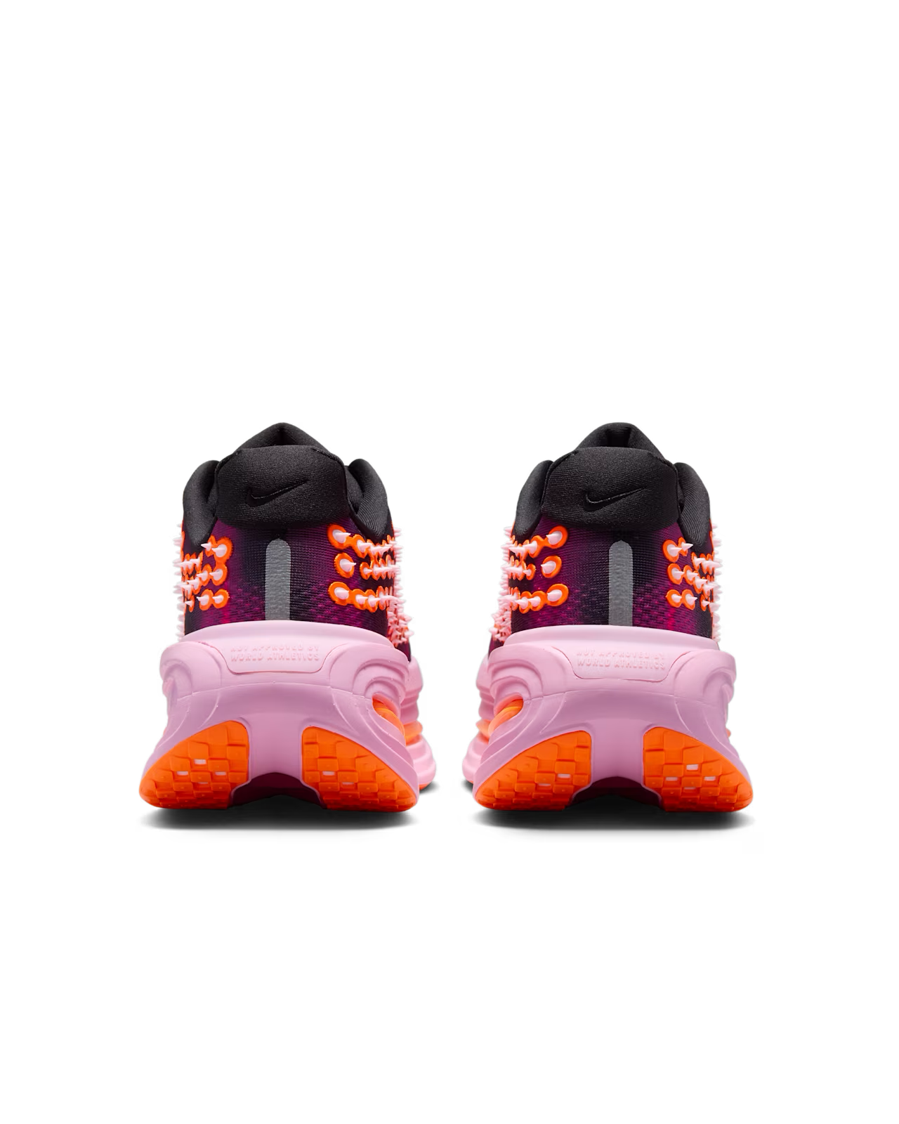 Back view of a pair of athletic sneakers with pink, orange, red, and purple accents, black heel collars, textured orange soles, and pronounced heel cushioning—The Nike Vomero Premium “Otaku Approved” by Machina Wearable Technology offers maximum-cushioning and a plush ZoomX platform for responsive comfort on every stride.