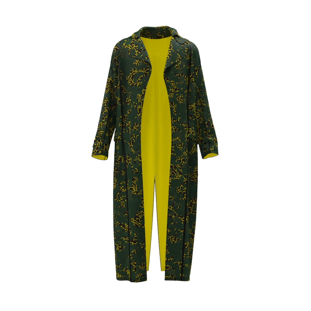 An elegant Electric Yellow Sun Trench Coat from Machina - Wearable Technology, featuring yellow floral patterns, stylishly drapes over a vibrant yellow jumpsuit on a white backdrop. Made from fashion tech recycled fabric, the coat offers a relaxed fit with long sleeves, seamlessly combining sustainability and chic design.