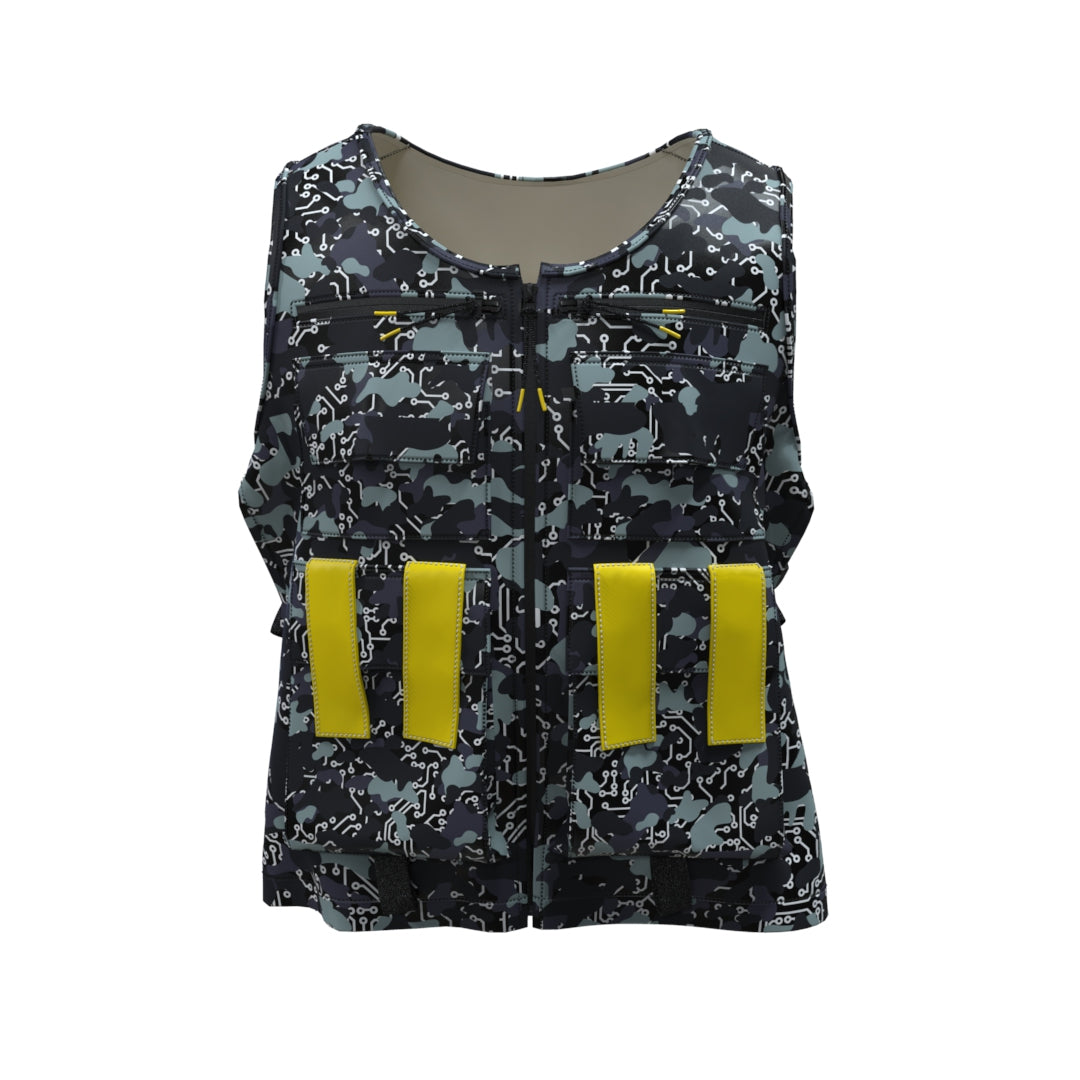 Introducing the Black Mamba Technical Vest by Machina - Wearable Technology: This sleeveless vest features a dark camouflage pattern accented with bold yellow vertical stripes on the front. Expertly crafted from recycled fabric, it boasts a front zipper and a slightly fitted silhouette.