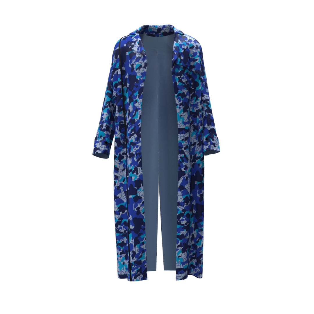 Introducing the Blue Demon Moon Trench Coat by Machina - Wearable Technology, a sustainable, long open-front robe designed with recycled blue demon camo fabric. This garment showcases a striking pattern set against a white background and features loose, wide sleeves for a relaxed fit, perfectly blending fashion technology with eco-friendly practices.