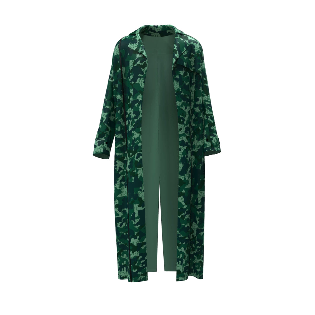 The Aqua Moon Trench Coat from Machina - Wearable Technology is showcased against a simple white background. This long-sleeve coat features wide lapels and an open front, displaying its classic camouflage pattern in varying shades of green. It is crafted from recycled fabric, highlighting its sustainable design.