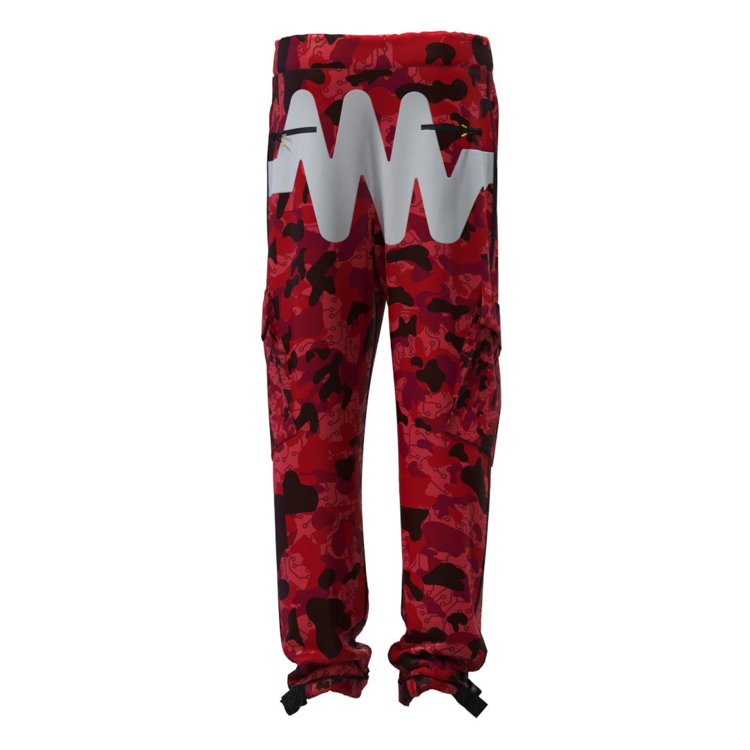 The Diablo Cargo Pants Woman by Machina - Wearable Technology showcase a vibrant red camo print with striking white zigzag patterns across the thighs, crafted from recycled fabrics.