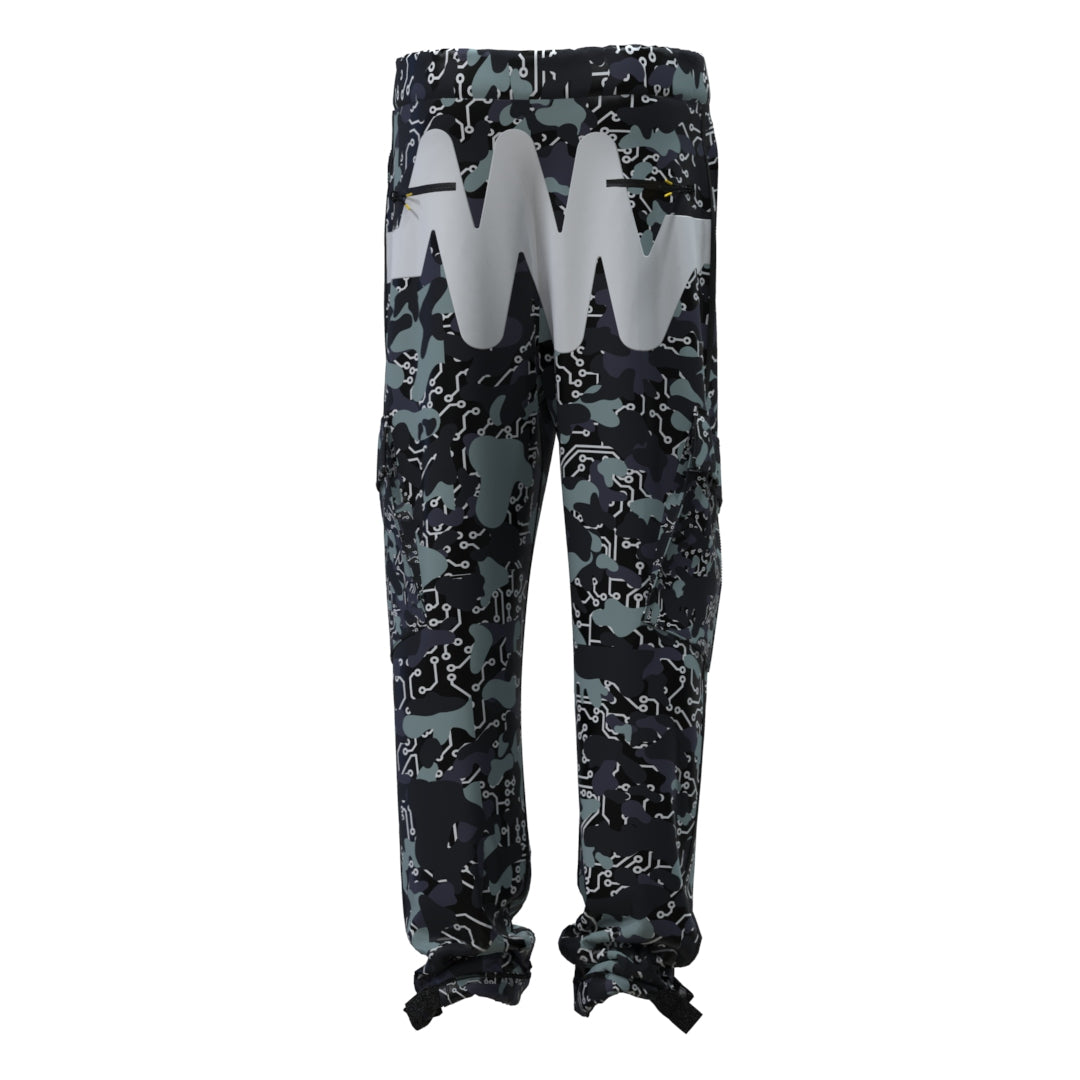 Introducing the Black Mamba Cargo Pants Woman by Machina - Wearable Technology, expertly crafted from recycled fabric. These fashionable black and gray camouflage pants feature an eye-catching abstract white zigzag design on the upper section. With adjustable cuffs and multiple pockets, they perfectly merge fashion tech with everyday practicality.