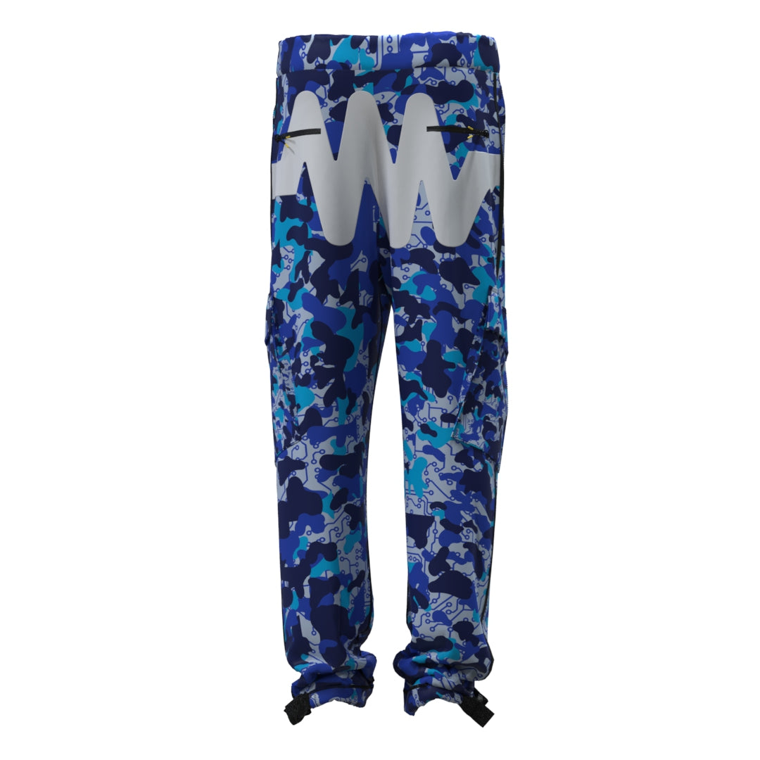The Blue Demon Cargo Pants by Machina - Wearable Technology showcase a vibrant blue and black camouflage motif with an eye-catching white swirl design on the front. Equipped with zippered pockets and adjustable cuffs, they are ideal for those channeling their inner blue demon.