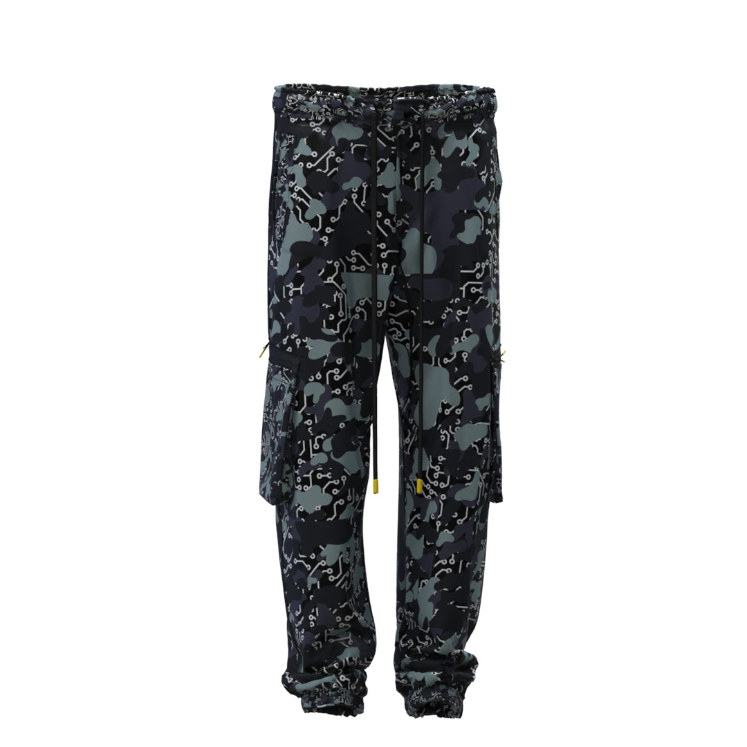 The Black Mamba Technical Pants, by Machina - Wearable Technology, feature a striking Black Mamba camo print, multiple pockets, and drawstring cuffs. These techwear trousers seamlessly blend style and functionality.