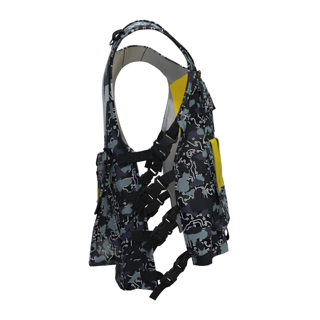 A side view shows the Black Mamba Technical Vest by Machina - Wearable Technology, featuring a camouflage pattern made from recycled fabric. The vest is equipped with black straps and buckles and highlighted with yellow accents along the edges, merging functionality with an eco-conscious techwear style.