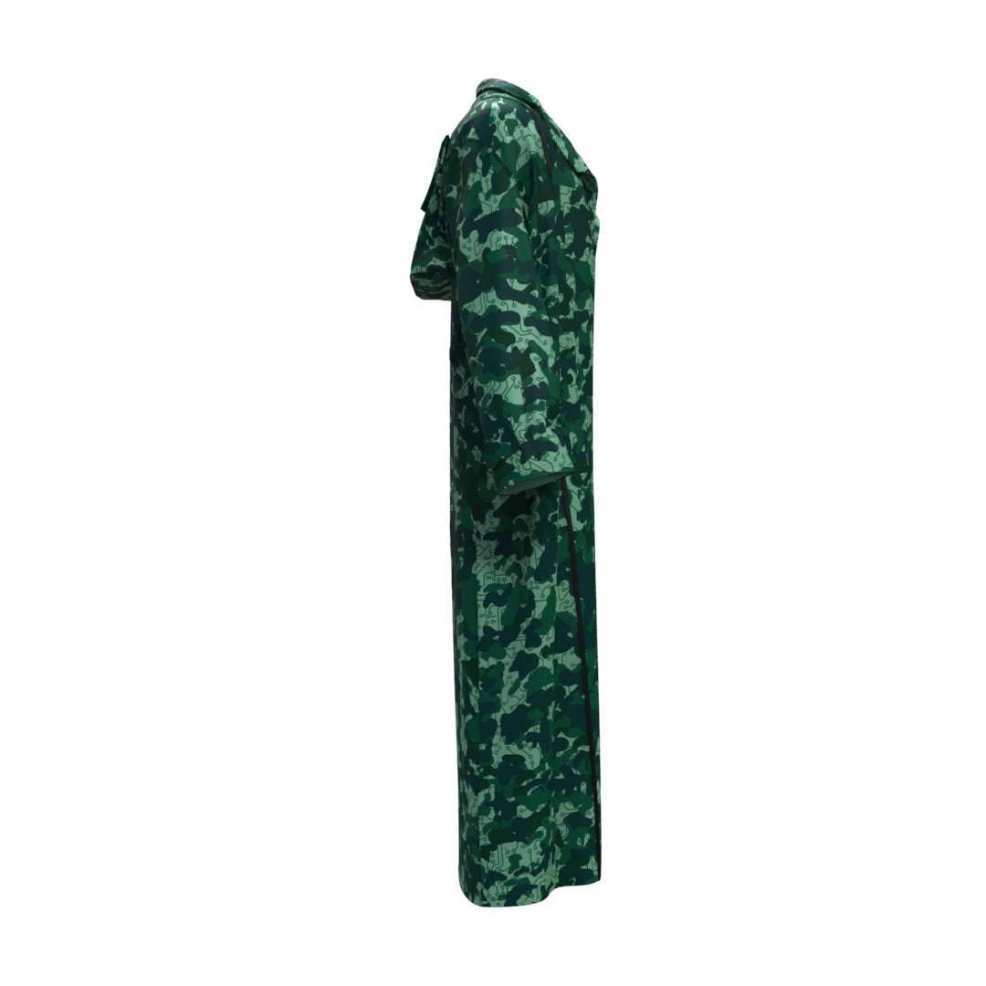 Side view of the Aqua Moon Trench Coat, a long-sleeved garment in green camouflage, crafted from recycled fabric by Machina - Wearable Technology, displayed against a white background.