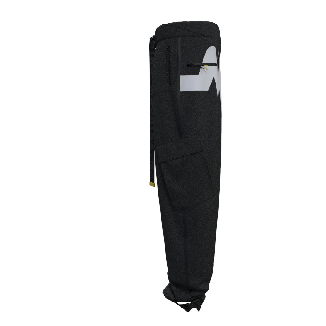 The Black Cargo Pants Woman by Machina - Wearable Technology are presented in a side profile, made from recycled material. They highlight a white logo on the side pocket and drawstring ankles, embodying an urban techwear aesthetic.