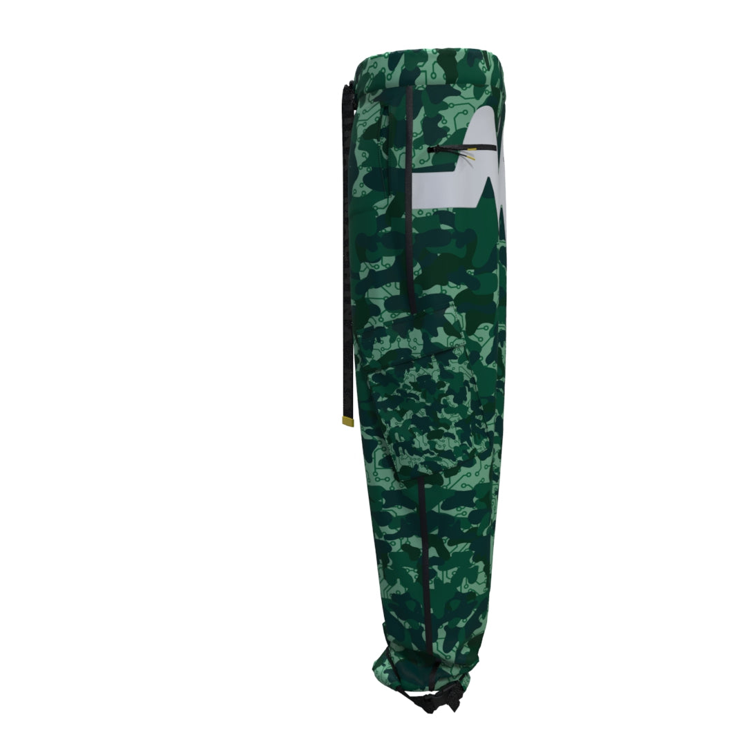 The Aqua Cargo Pants Woman by Machina - Wearable Technology is depicted against a white background. These pants are constructed from recycled fabric in a green camouflage pattern, featuring a black zipper along the side. The techwear design provides a loose fit with elastic ankle cuffs and includes a distinct white design element on one side.