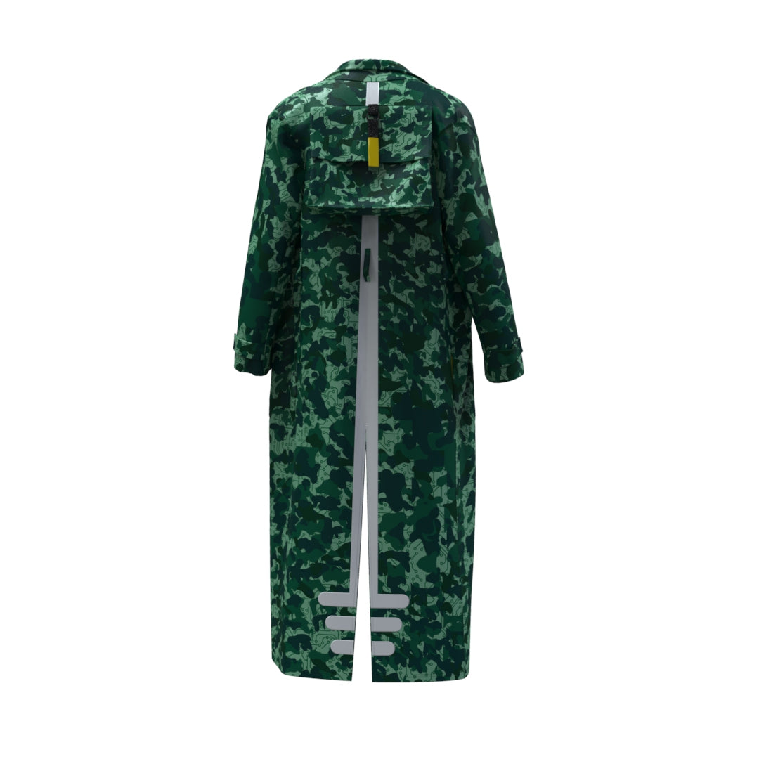 An Aqua Moon Trench Coat by Machina - Wearable Technology is showcased against a white background. Made from recycled fabric, it includes a back flap with a vertical white zipper running its length and boasts a yellow and black tag near the top, capturing the distinctive style of this coat.