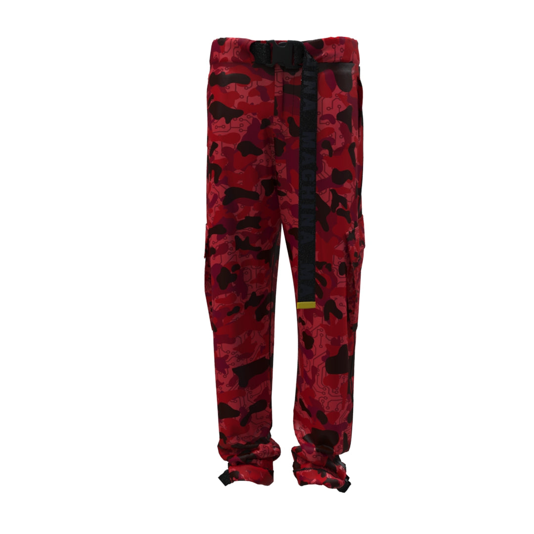 Machina - Wearable Technology presents the Diablo Cargo Pants, men’s cargo pants showcasing a vibrant red camo pattern, made from recycled materials. These stylish pants include a black belt and feature adjustable straps at the cuffs, perfectly highlighted against a clean white backdrop.