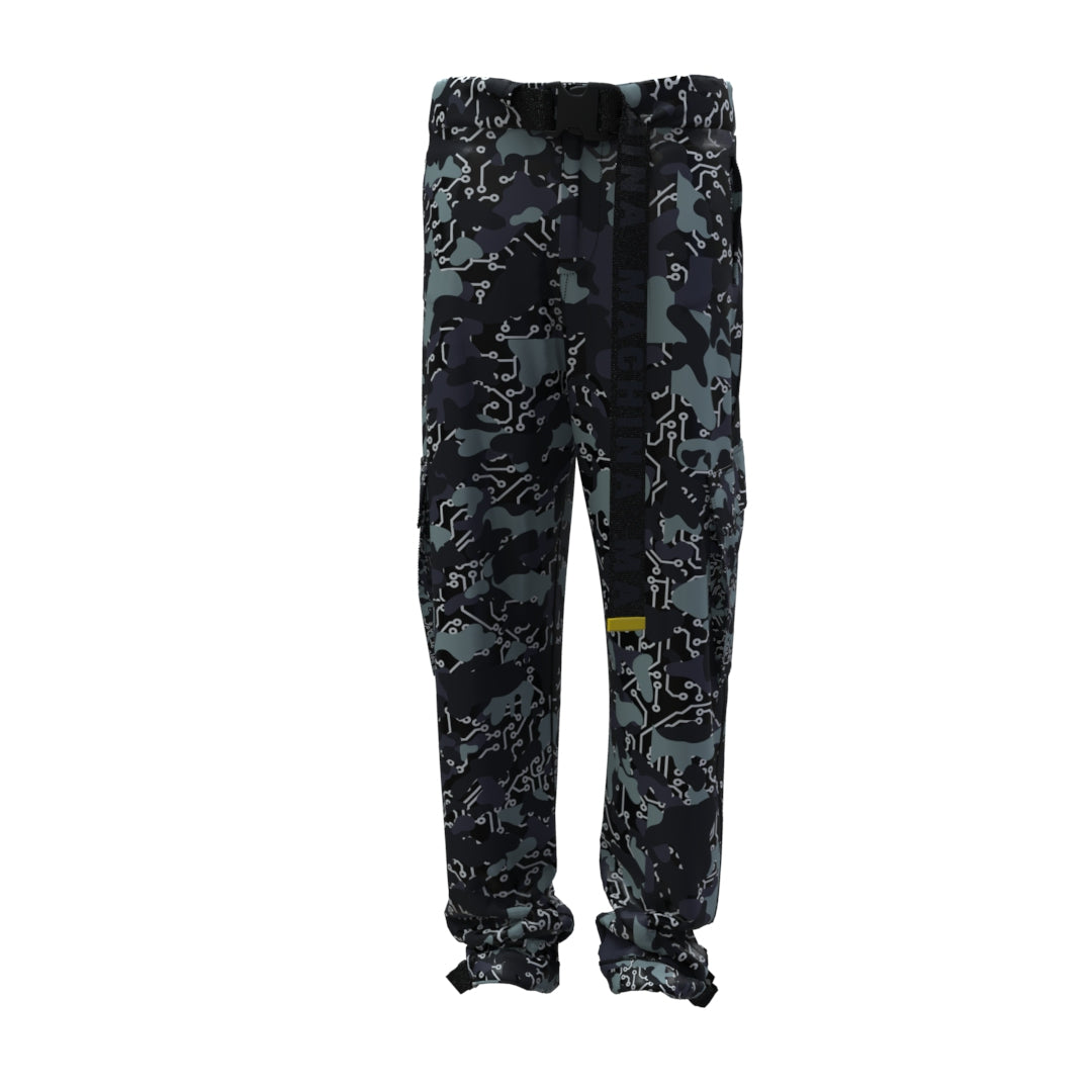 Introducing the Black Mamba Cargo Pants Woman by Machina - Wearable Technology, showcasing a black and gray camouflage design. These pants feature adjustable straps and buckles at both the waist and ankles, making them the ideal choice for those who value a stylish yet functional look.