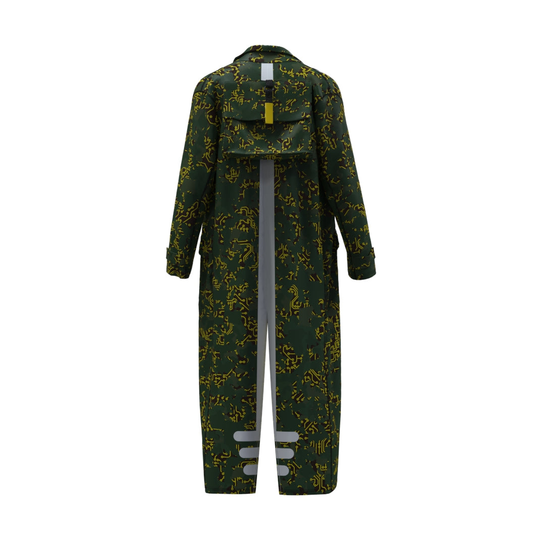 The Electric Yellow Sun Trench Coat by Machina - Wearable Technology is a fashionable full-length piece in green with an electric yellow camouflage pattern. Made from recycled fabric, it boasts long sleeves, a high collar, and a stylish pocket flap on the back. Modern white and gray accents stand out against the sleek white background.