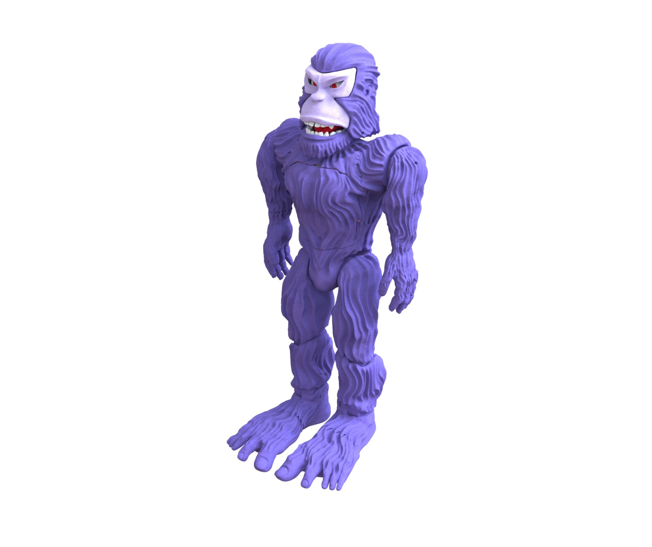 The Pie Grande art toy by Machina - Wearable Technology features a shaggy texture and exaggerated facial features. Its large, white eyes and wide mouth add to its whimsical charm as it stands on two oversized feet against a plain white background.