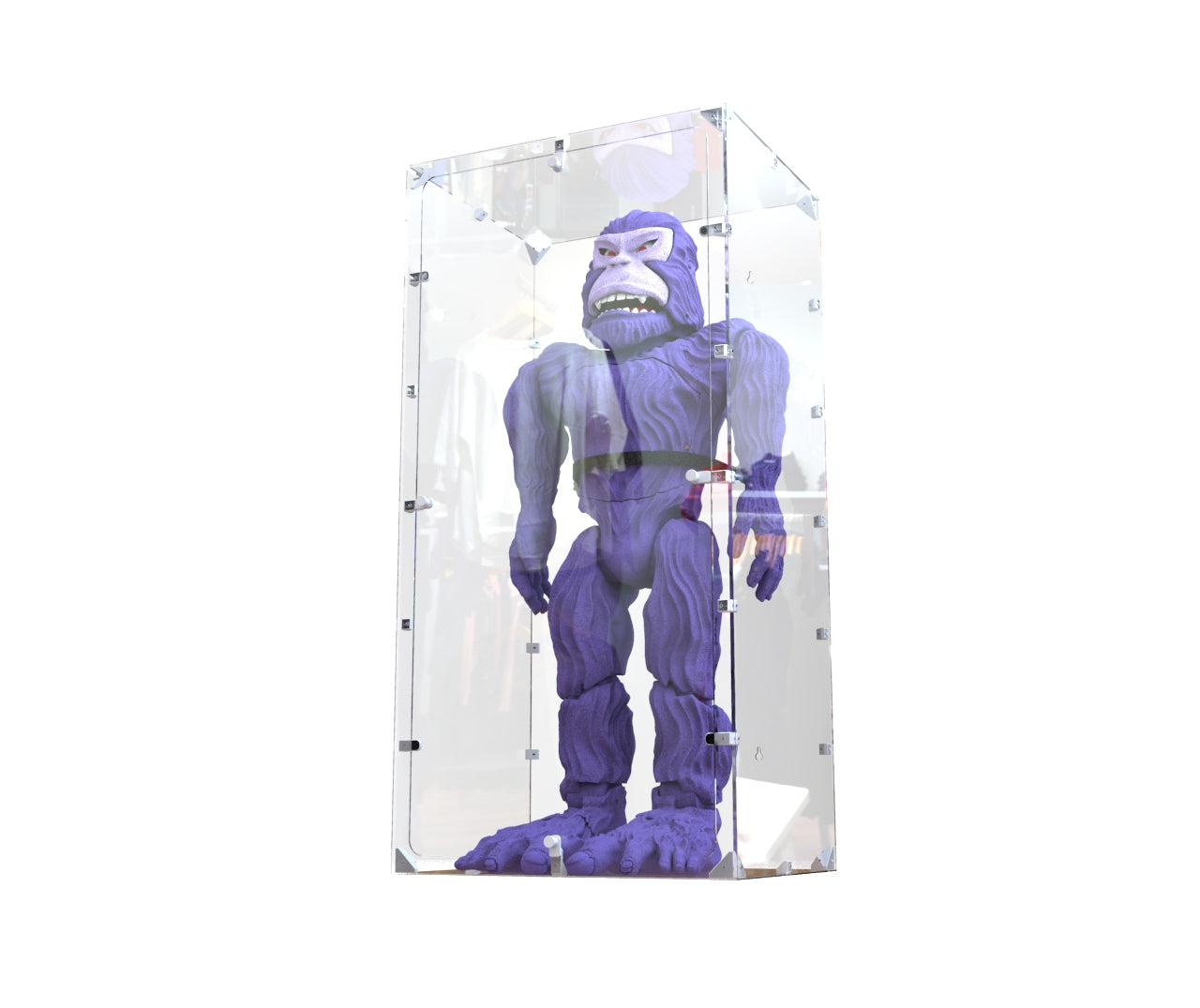 The Pie Grande art toy from Machina - Wearable Technology, featuring a large, purple gorilla-like design, stands upright with a fierce expression in a transparent glass case. Its bold presence is accentuated against the white background.
