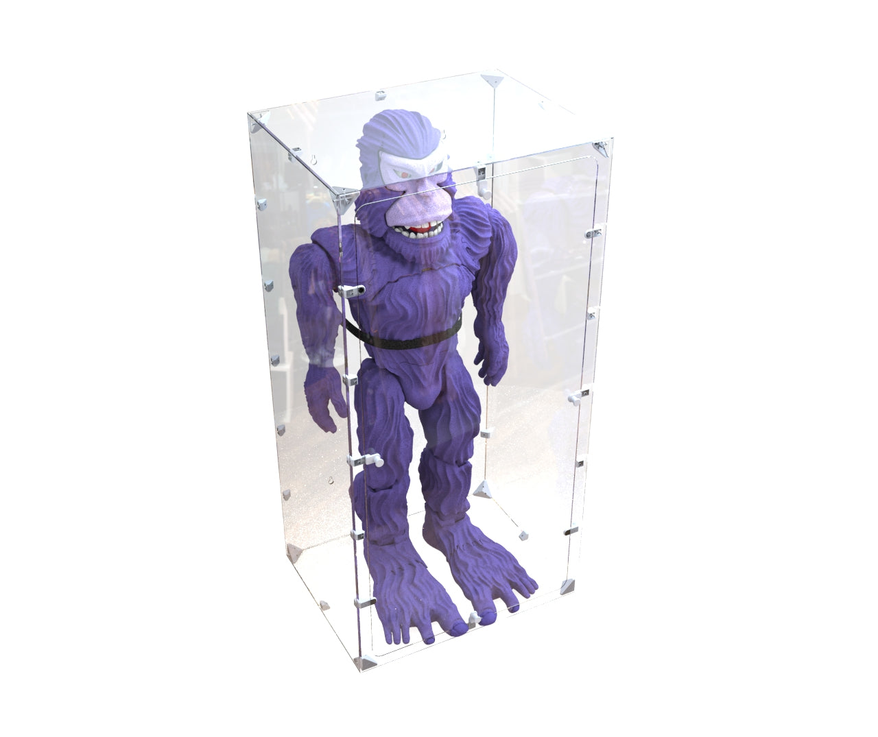 The Pie Grande, an art toy in a striking purple hue with a monster-like appearance and exaggerated features, is encased in a clear display box. This Machina - Wearable Technology figure stands upright within the transparent container, showcasing its large feet, muscular arms, and white bandana.
