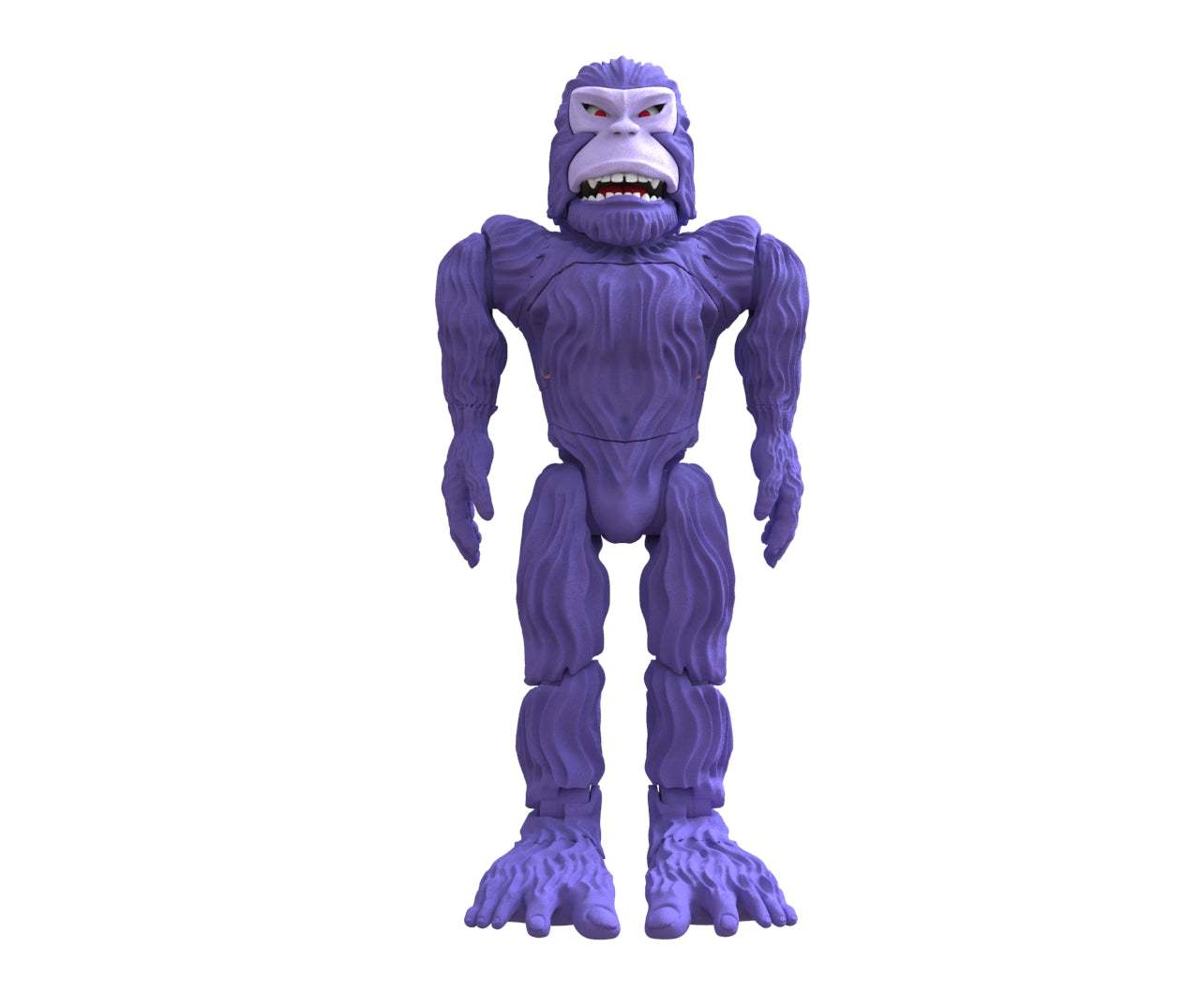 The Pie Grande designer toy by Machina - Wearable Technology showcases a gorilla-like appearance with a muscular build, large hands and feet, and a fierce expression featuring an open mouth. This purple action figure art collectible stands upright against a plain white background.