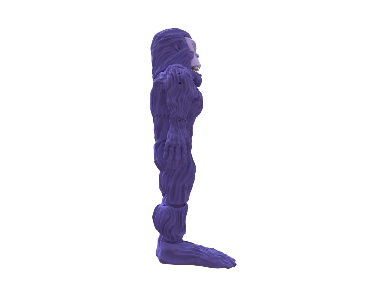 A side view of the Pie Grande, a purple, gorilla-like art toy figure from Machina - Wearable Technology, standing upright. The figure features exaggerated characteristics and a textured surface that lend it a whimsical appearance. This product is showcased against a plain white background.