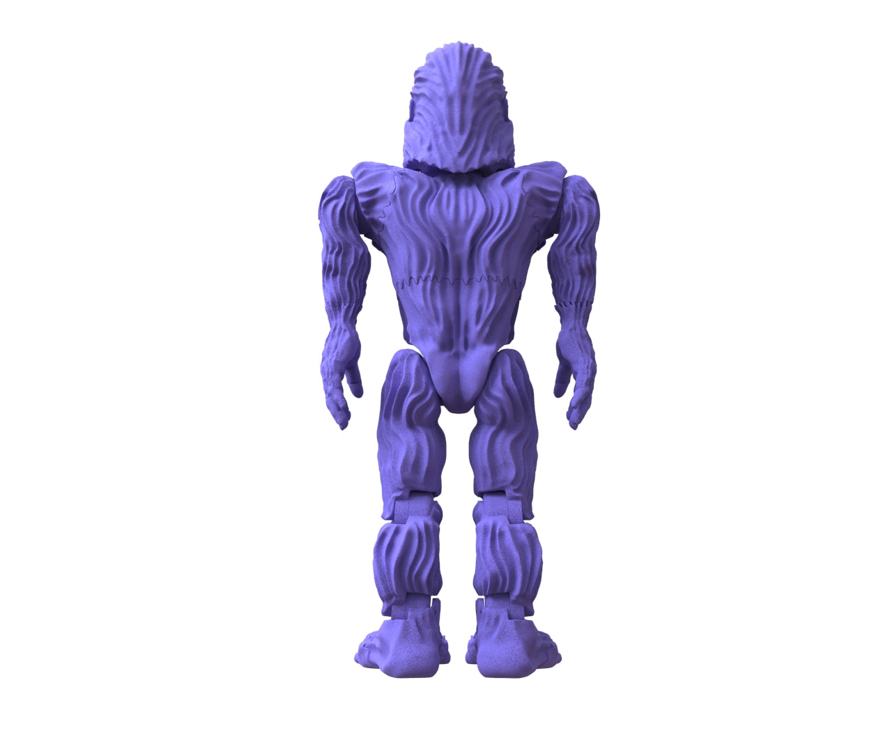 A Pie Grande art toy by Machina - Wearable Technology, styled as an action figure with a textured surface and exaggerated muscular features, stands facing away to showcase its impressive back against a plain white background.