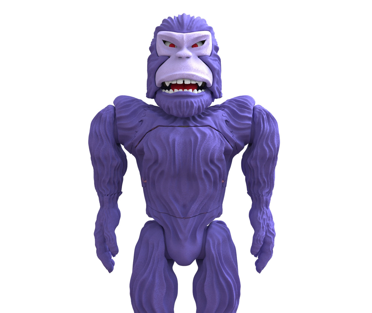 The "Pie Grande" by Machina - Wearable Technology is a purple gorilla art toy featuring exaggerated muscular details. Its red eyes and open mouth display its teeth, while the figure stands against a white background with slightly bent arms, conveying a dynamic presence.