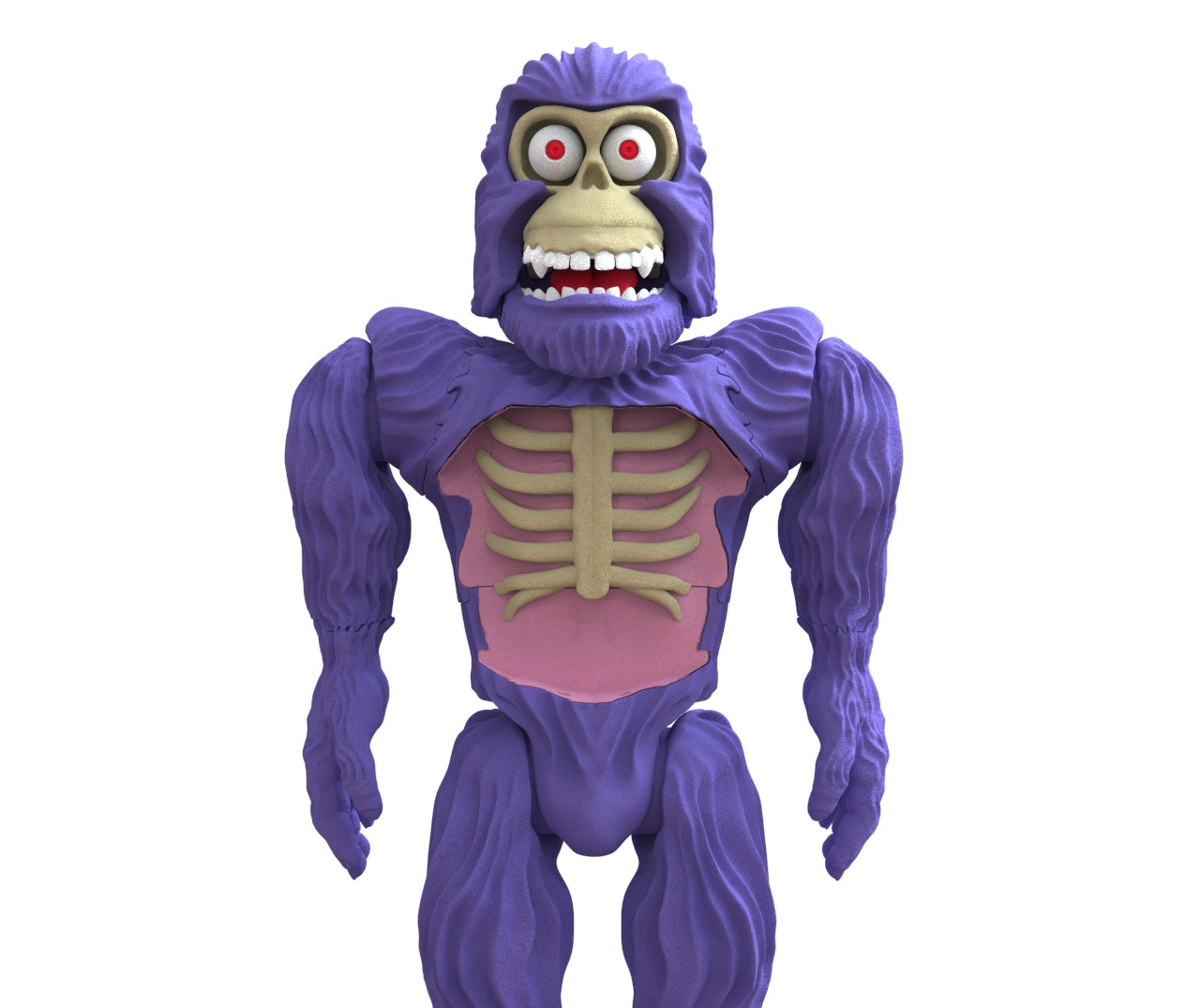 The Pie Grande art toy by Machina - Wearable Technology showcases a distinctive purple gorilla with exaggerated muscles and a menacing expression, featuring an exposed ribcage set against a pink backdrop on its torso. The figure stands out against a simple white background, reflecting unparalleled creativity.