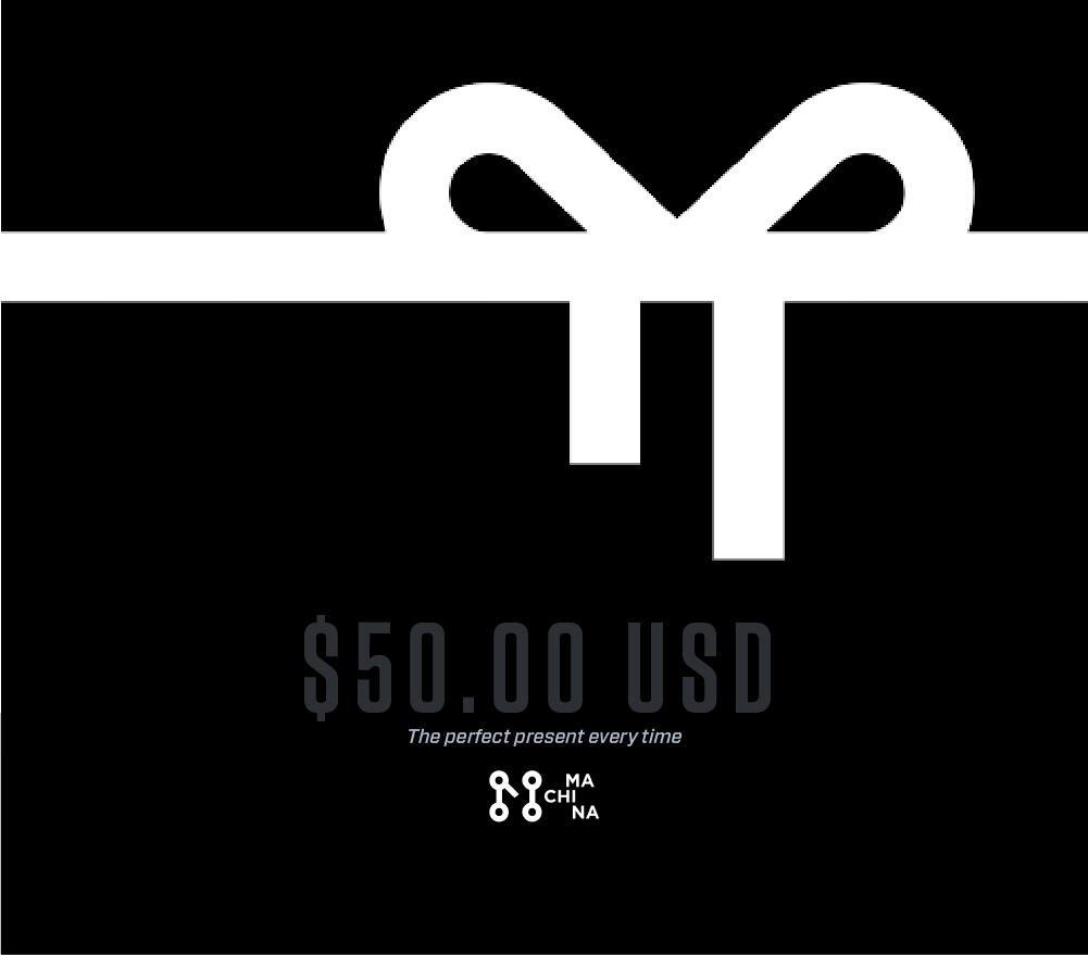 A white ribbon bow on a black background, centered above the text $50.00 USD and The perfect present every time—a versatile gift card option. The chic logo Machina Wearable Technology graces the bottom right, adding elegance to any special moment.