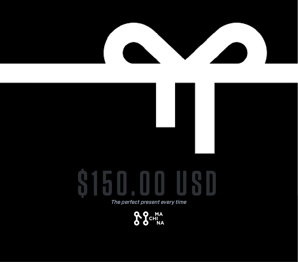 A Machina Wearable Technology gift card, featuring a white ribbon design on a black background, displays the text $150.00 USD and carries the tagline "The perfect present every time," making it ideal for discovering our smart clothing collection. The Machina logo is prominently positioned at the bottom.
