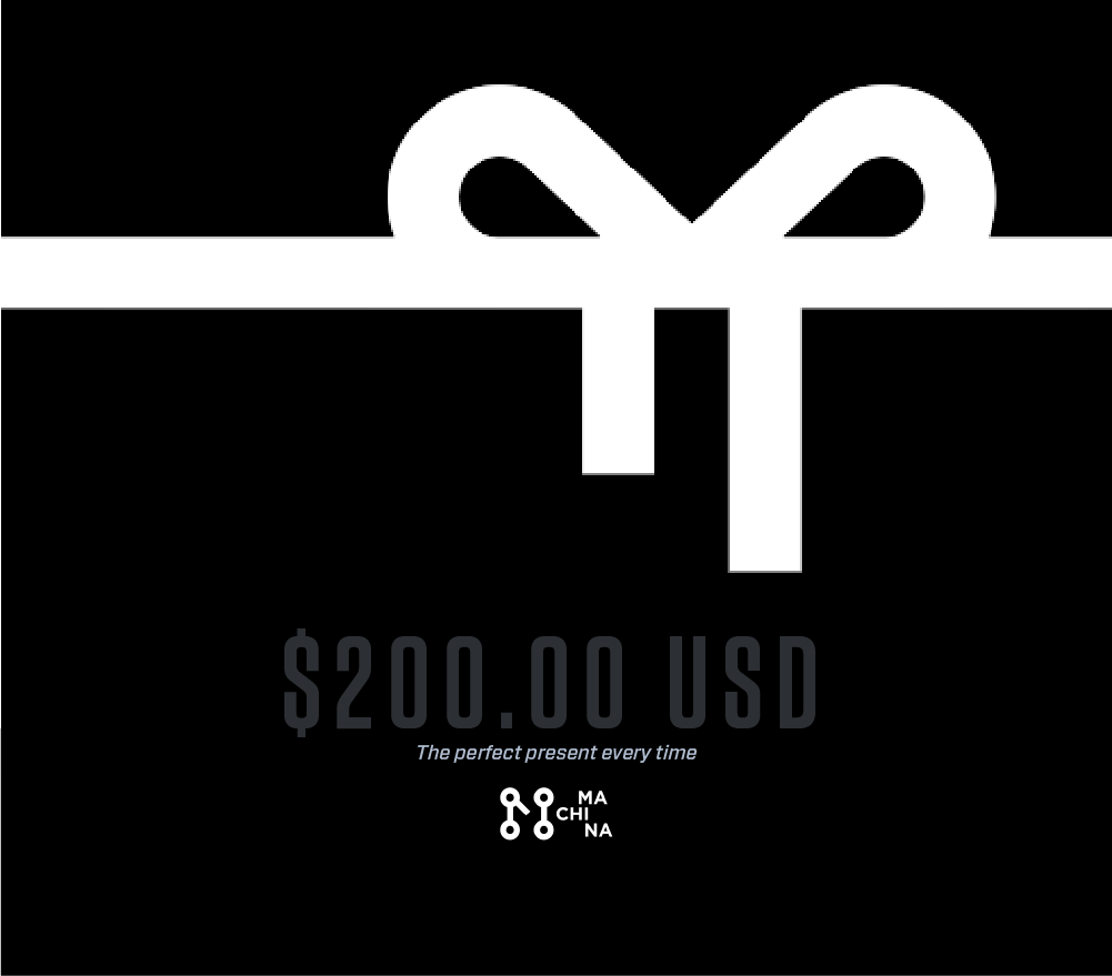 A white ribbon bowed elegantly against a black backdrop highlights the text "$200.00 USD" alongside the tagline "The perfect present every time." At the bottom, Machina Wearable Technology's logo is prominently displayed, making this an ideal Machina Gift Card for fans of smart clothing.