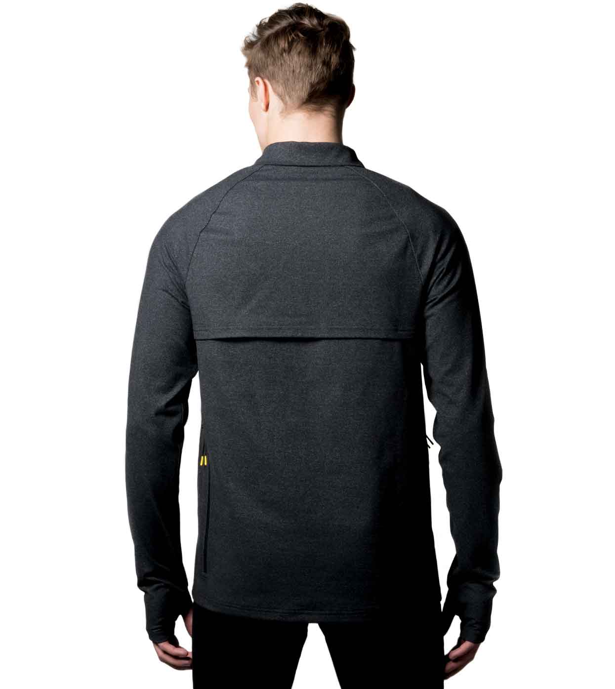 A rear view captures someone wearing the BLACK CASUAL JACKET from Machina - Wearable Technology, a dark, long-sleeve athletic jacket made from sustainable fabrics. It showcases a high collar and a horizontal seam across the back, seamlessly blending style with innovation. The person is positioned against a pristine white background.