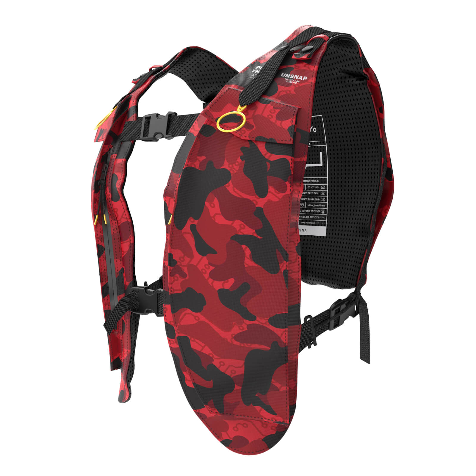 Presenting the Diablo Parachute Poncho by Machina - Wearable Technology: a red camouflage life vest with bold black straps and distinctive yellow rings, captured in a side view. This ultra-lightweight design includes padded shoulders and a mesh back for unparalleled comfort and ventilation.