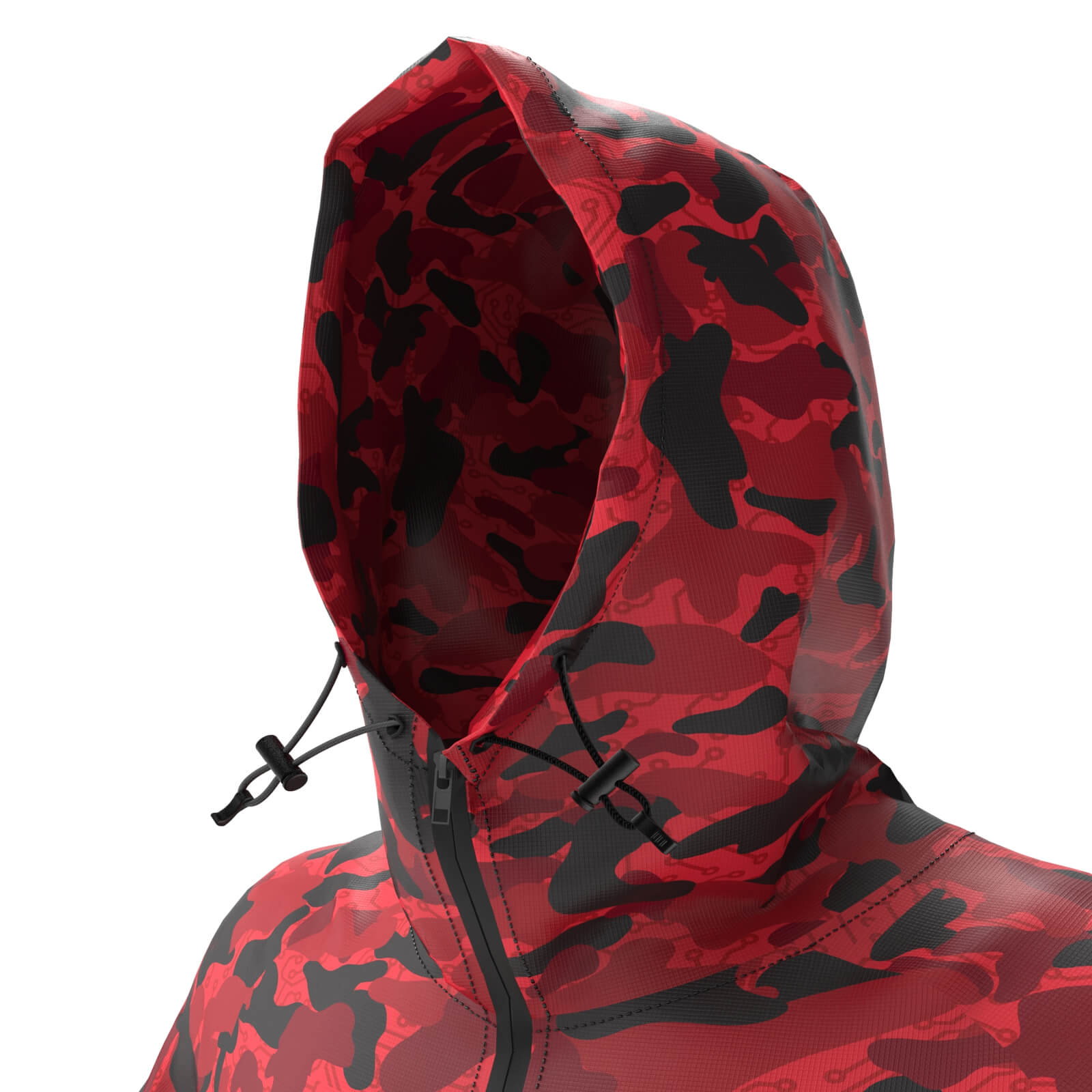 The Diablo Parachute Poncho by Machina - Wearable Technology is depicted in a profile view, featuring a red and black camo pattern. With its hood raised, the intricate camouflage design is showcased. This ultra-lightweight poncho includes a front zipper and sleek design elements, providing a water-resistant finish for versatile wear.