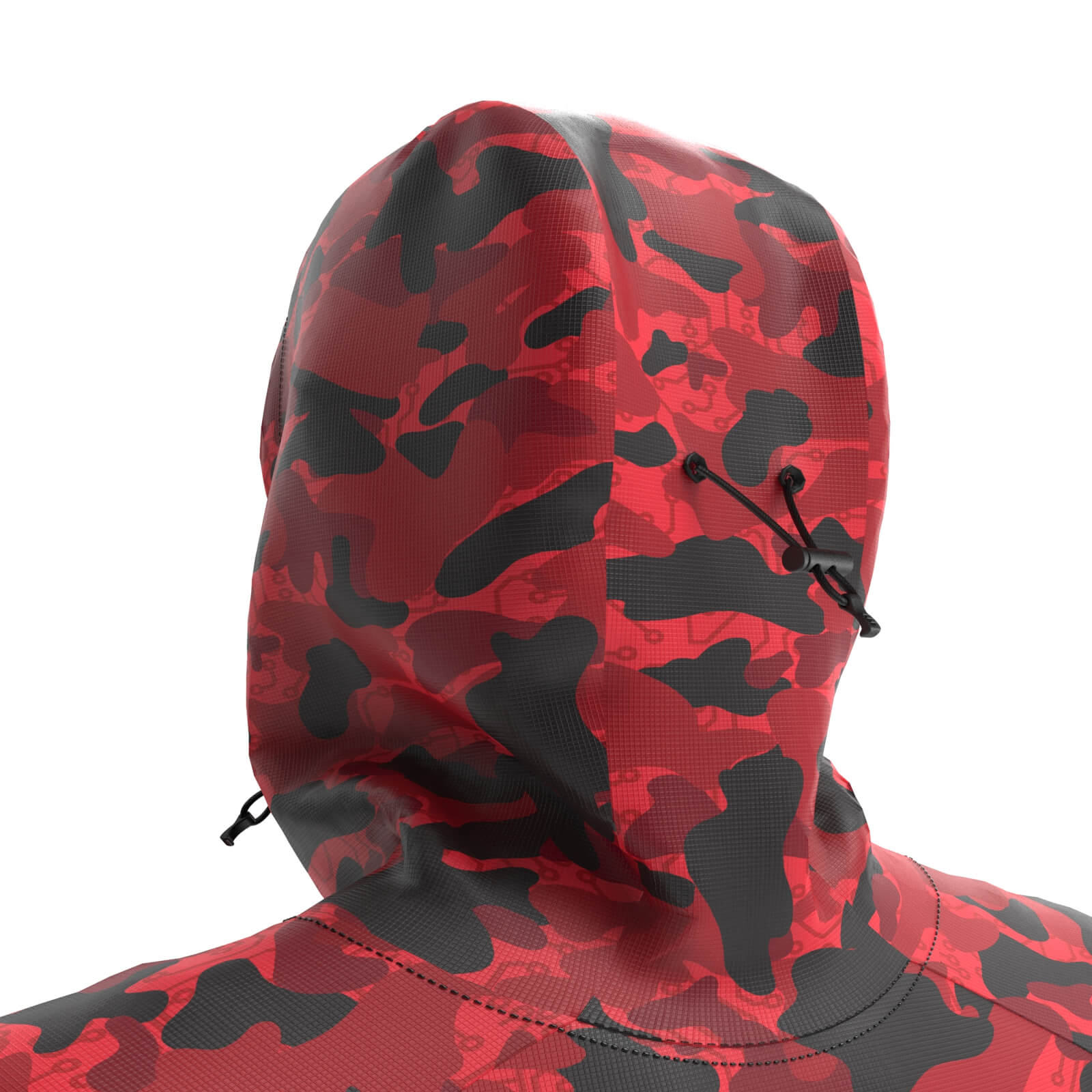 A close-up of the back of a person's head wearing the Diablo Parachute Poncho by Machina - Wearable Technology, featuring a red and black camouflage design with adjustable black drawstrings. This ultra-lightweight garment is designed to be water-resistant, combining style with functionality.