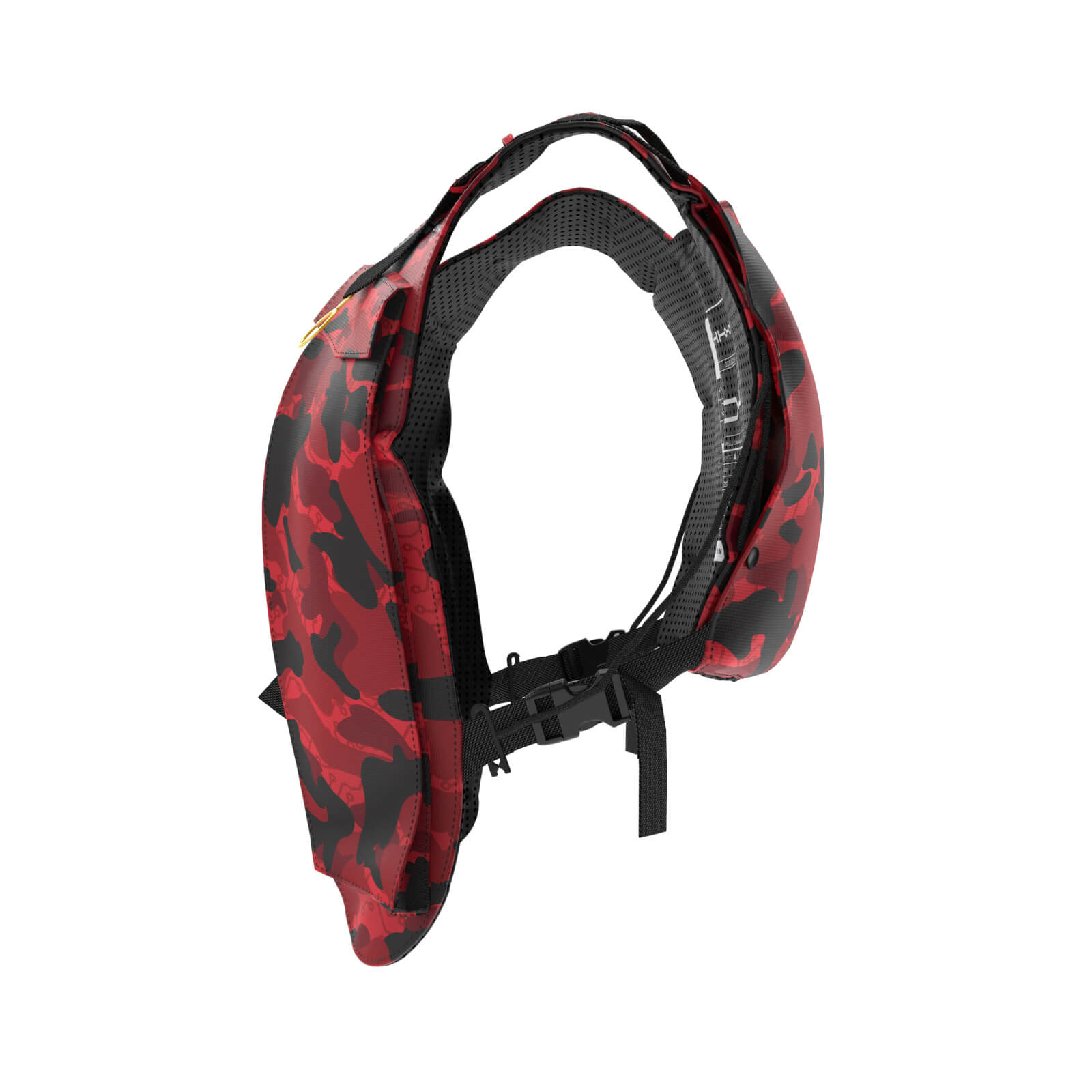 The Diablo Parachute Poncho by Machina - Wearable Technology is an ultra-lightweight inflatable life vest in a red and black camouflage pattern, featuring adjustable black straps and a water-resistant mesh back panel.