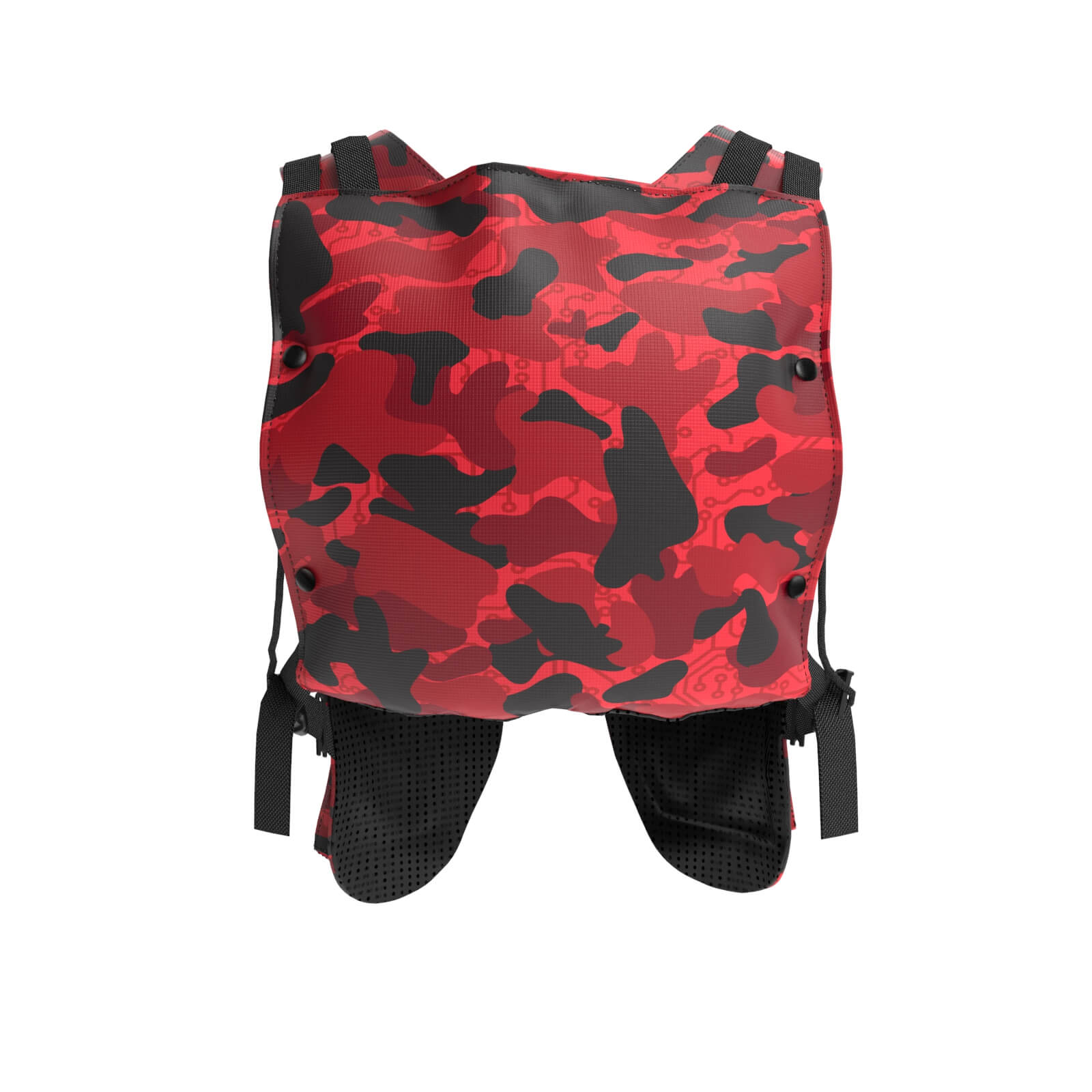 Introducing the Diablo Parachute Poncho by Machina - Wearable Technology: This ultra-lightweight baby carrier features a red and black camouflage design with black straps and shoulder pads, offering comfortable, water-resistant support for front wear.