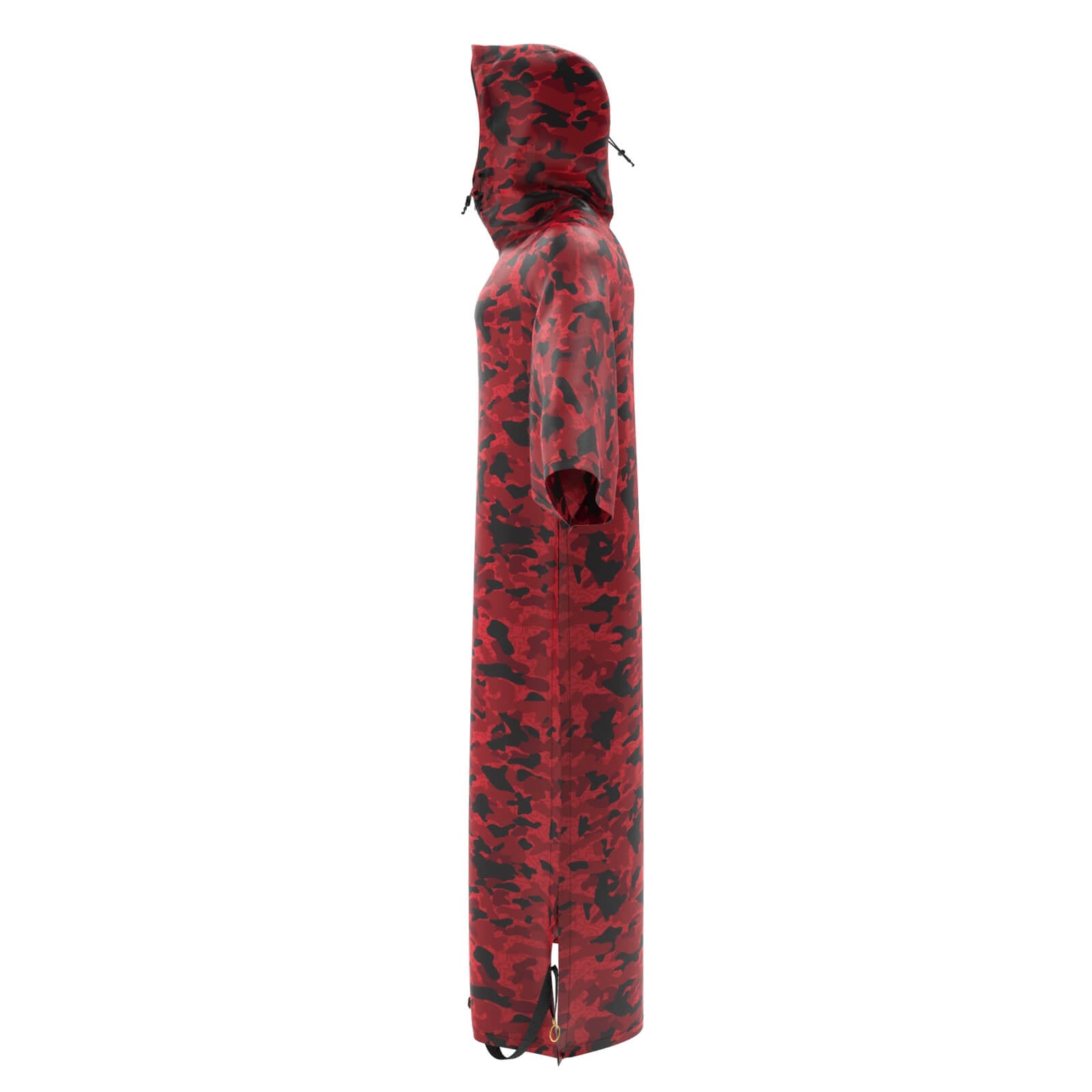 A side view showcases the Diablo Parachute Poncho, an ultra-lightweight, water-resistant raincoat in long red camouflage. It features a hood and drawstrings and is displayed on a mannequin to highlight its sleek design and length. This innovative piece is brought to you by Machina - Wearable Technology.