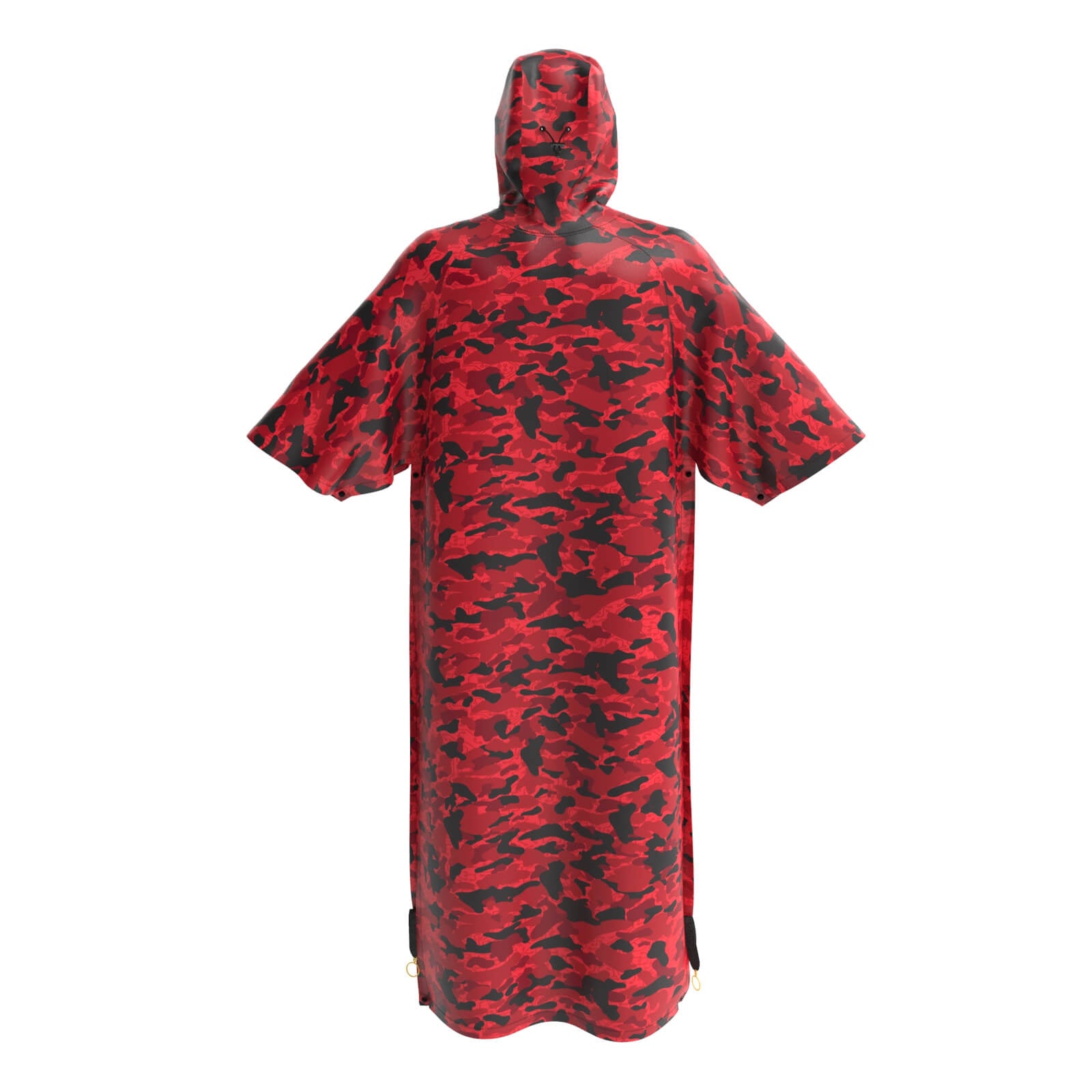 Displayed on a white background, the Diablo Parachute Poncho by Machina - Wearable Technology is a red and black camouflage poncho with a hood. This ultra-lightweight design features short sleeves and a long, flowing silhouette, making it perfect for staying stylish and water-resistant in unpredictable weather.